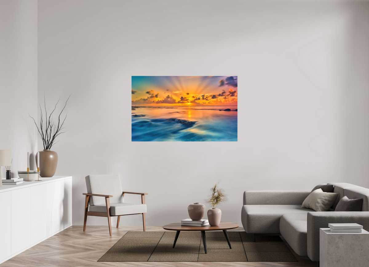 58.3 x 36″, Fine Art Textile Diluvian: Bora Bora Reefside Sunrise