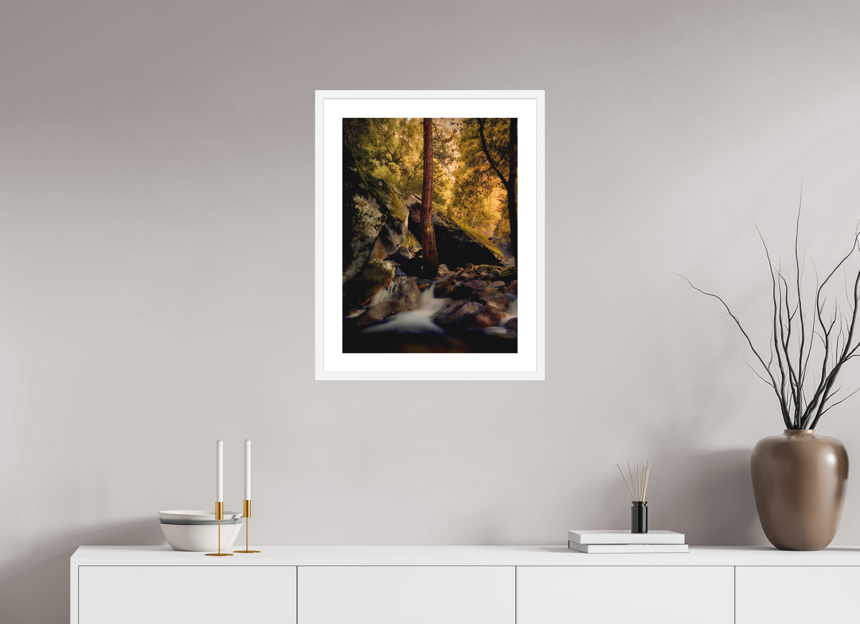 18 x 24″, Passe-Partout White Frame Yosemite's Cascade Creek at Sunrise