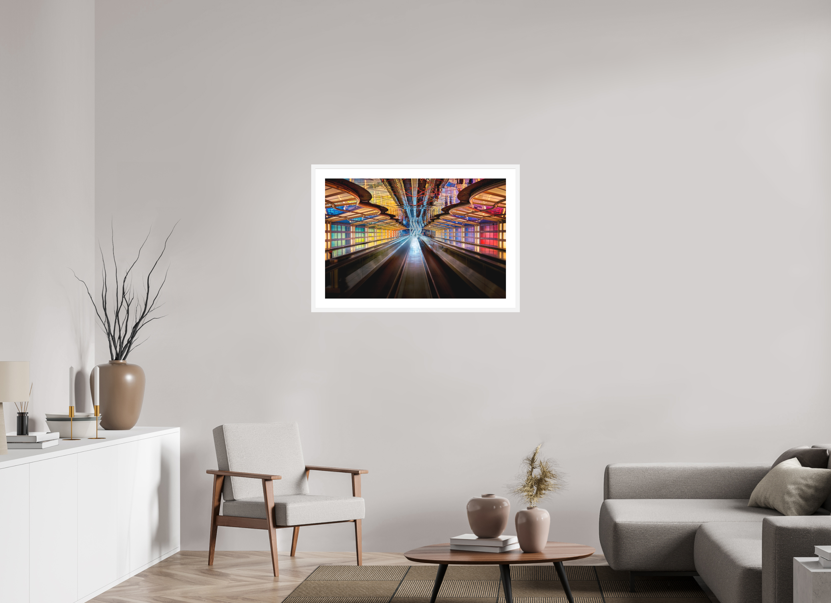 36 x 24″, Passe-Partout White Frame Chicago O'Hare Airport's Neon Walkway