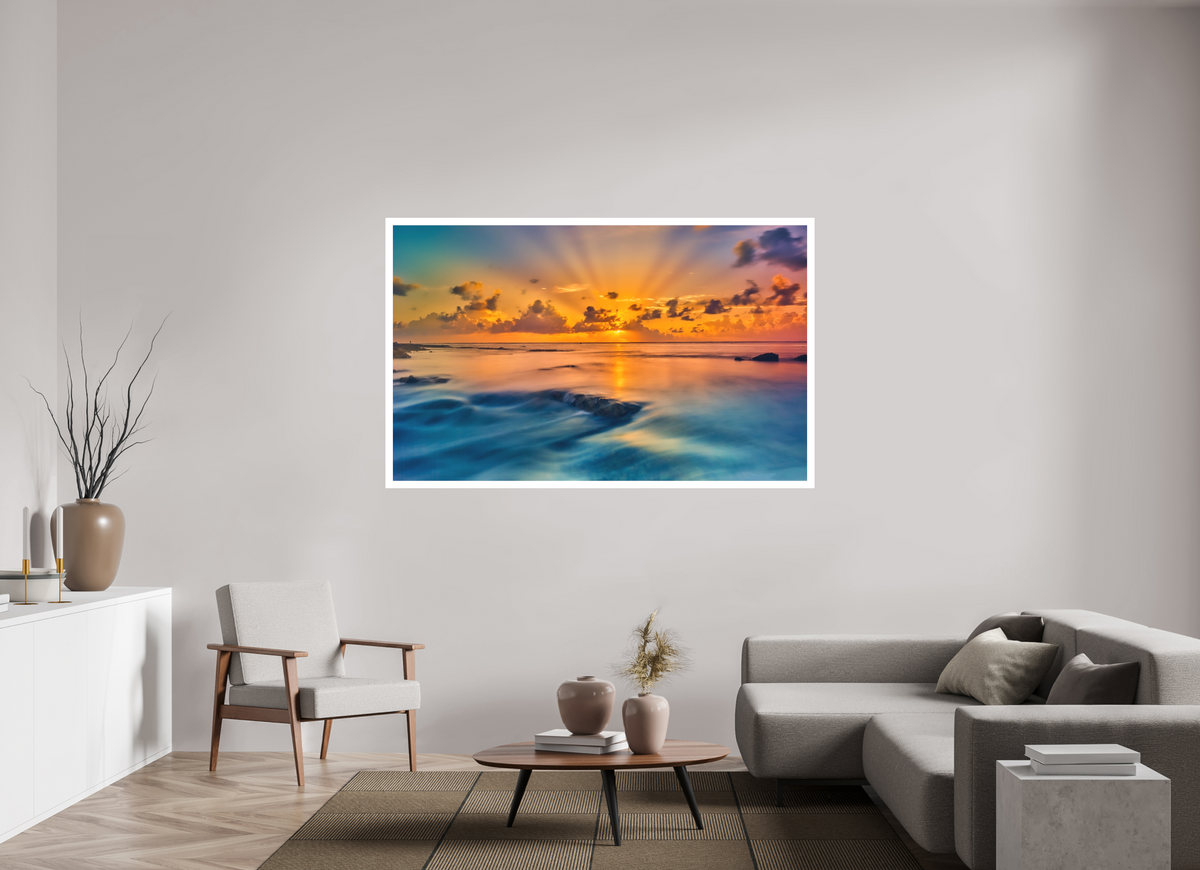 69.6 x 43″, Bonded Acrylic Mat + White Frame Diluvian: Bora Bora Reefside Sunrise