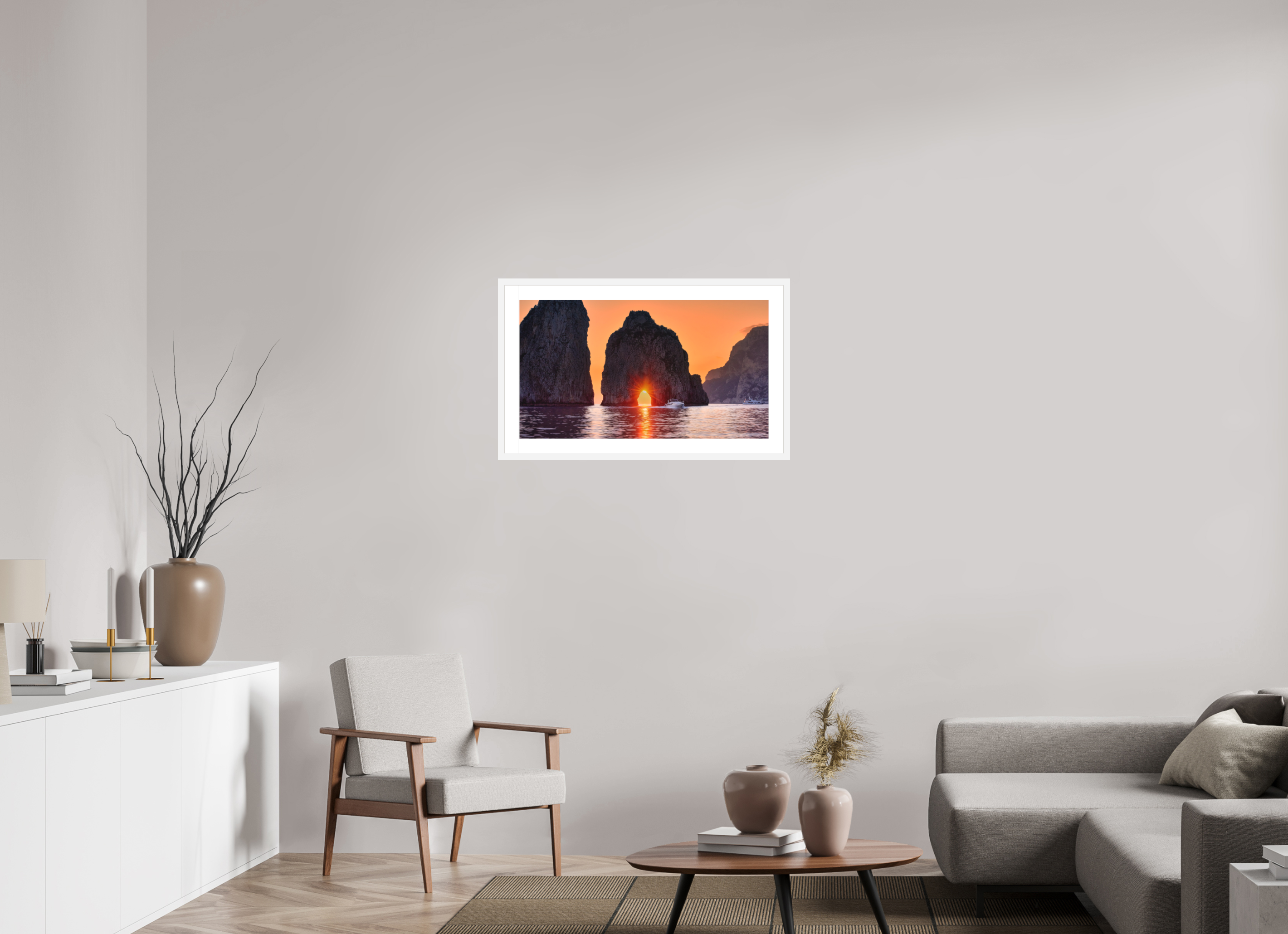 32 x 18″, Passe-Partout White Frame Leaving Capri—Faraglioni Sunstar at Sunset