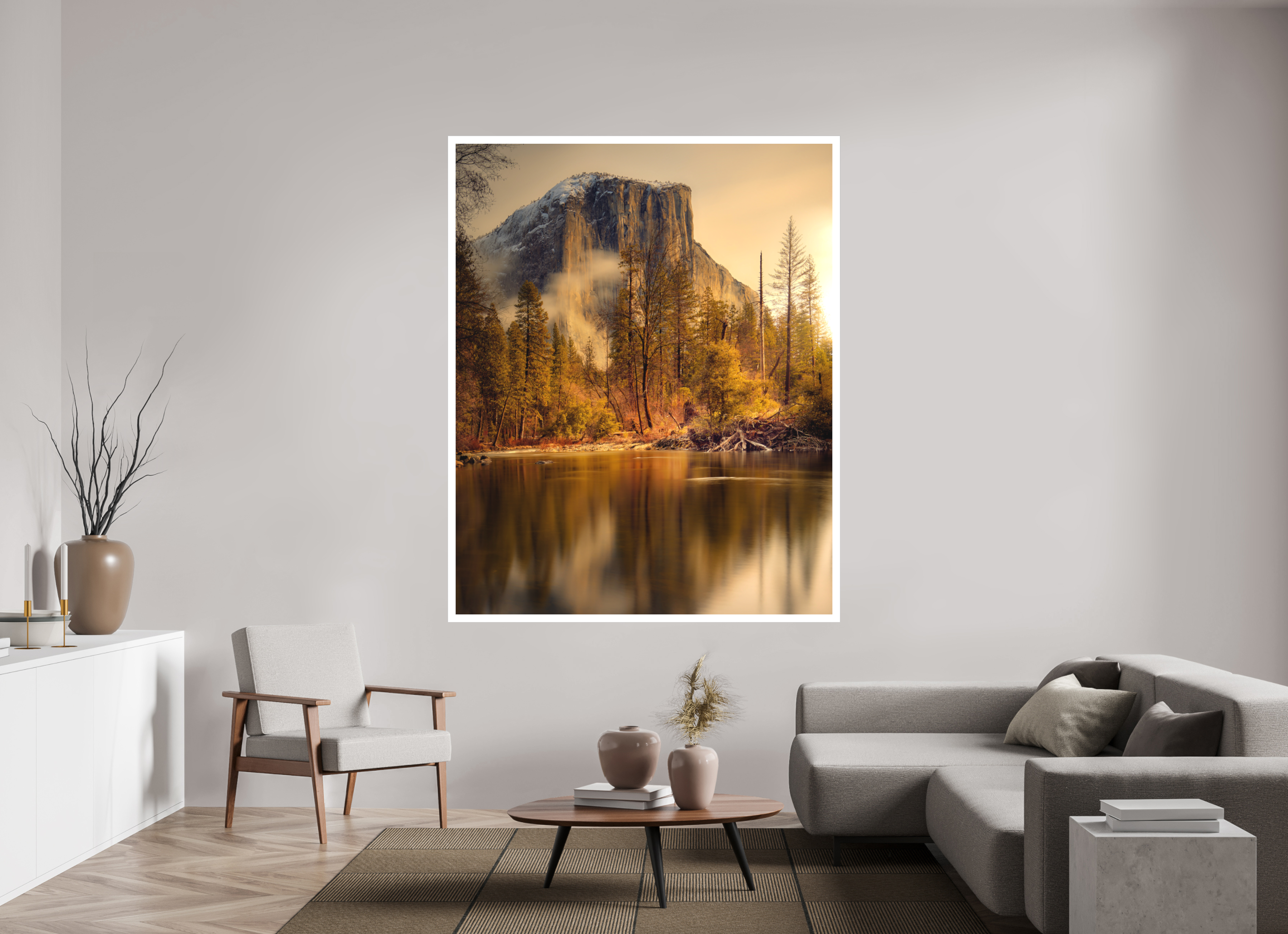59 x 73.7″, Bonded Acrylic Mat + Silver Frame Winter Sunrise At El Capitan