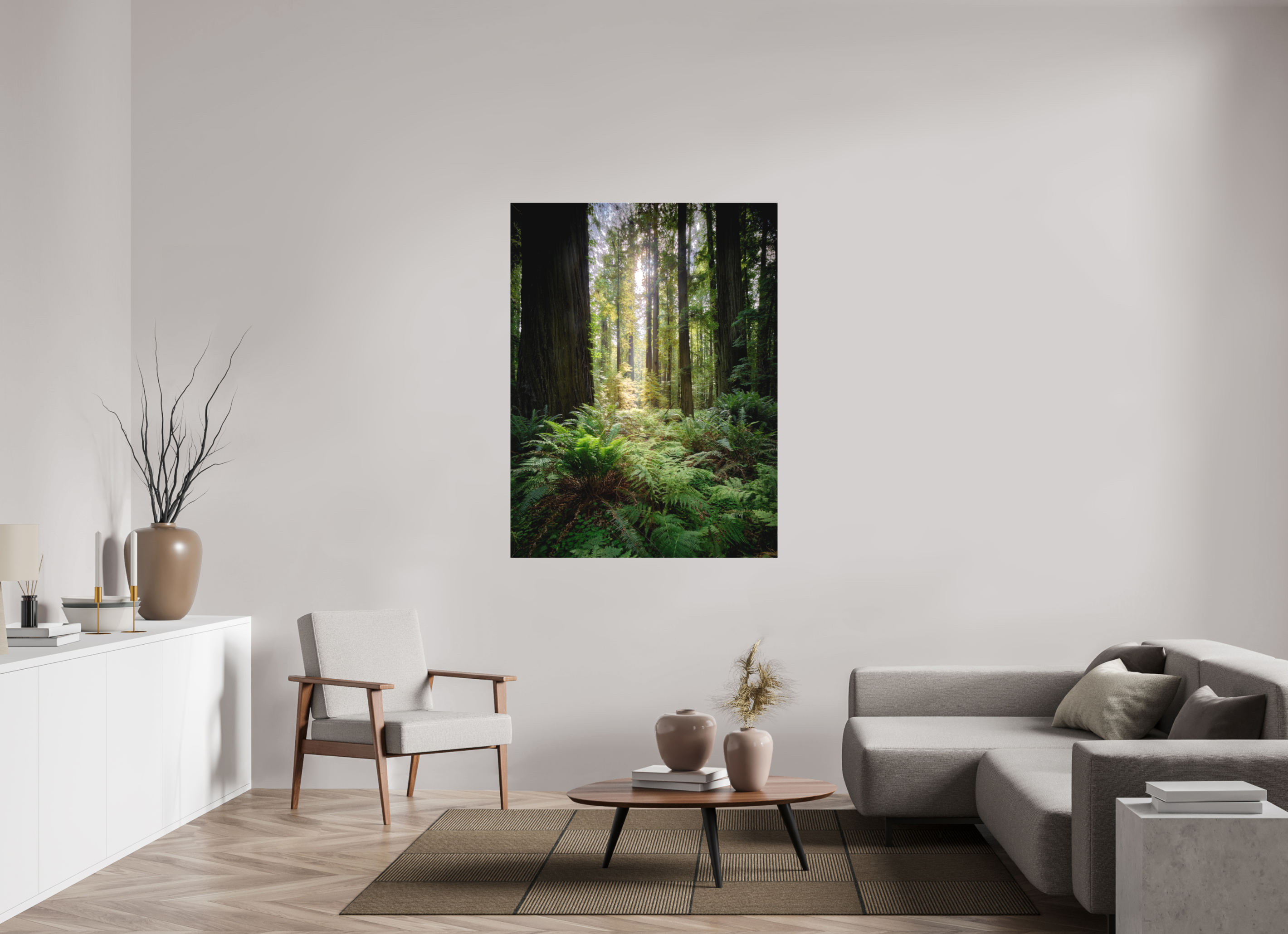 42 x 56″, Fine Art Textile Forest Light on Redwoods & Sword Ferns