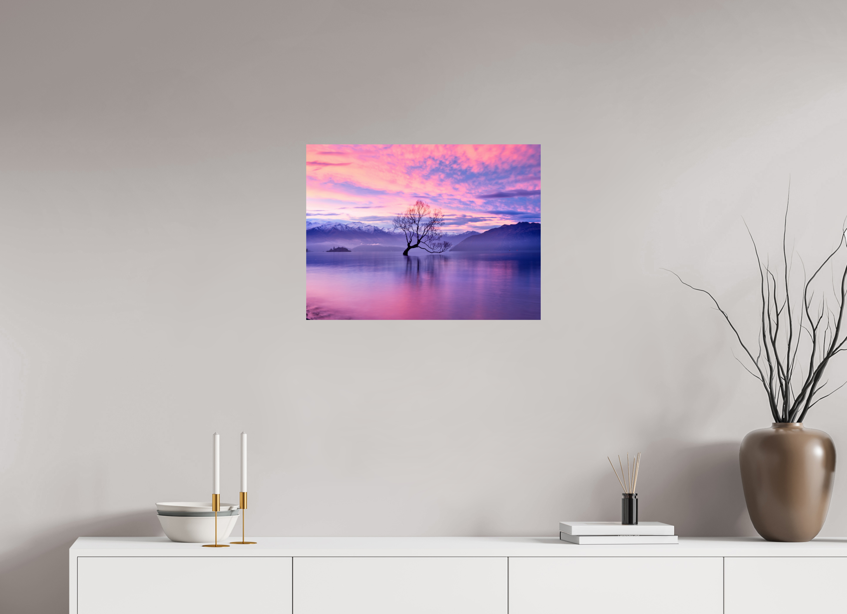 24 x 18″, Giclée Alu-Dibond Wanaka II: The Wanaka Tree Beneath a Brilliant Sunset
