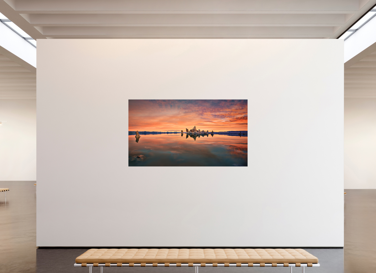 80 x 45″, Bonded Acrylic Silver Frame Reflekto: Mono Lake's South Tufa