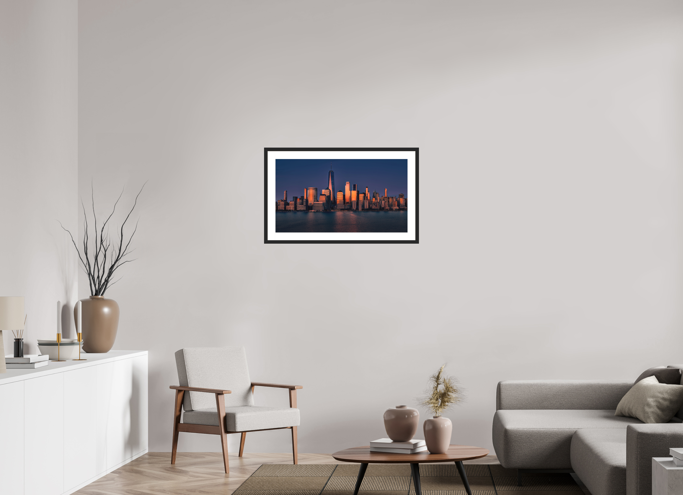 32 x 18″, Passe-Partout Black Frame Manhattan Reflects the End of the Day