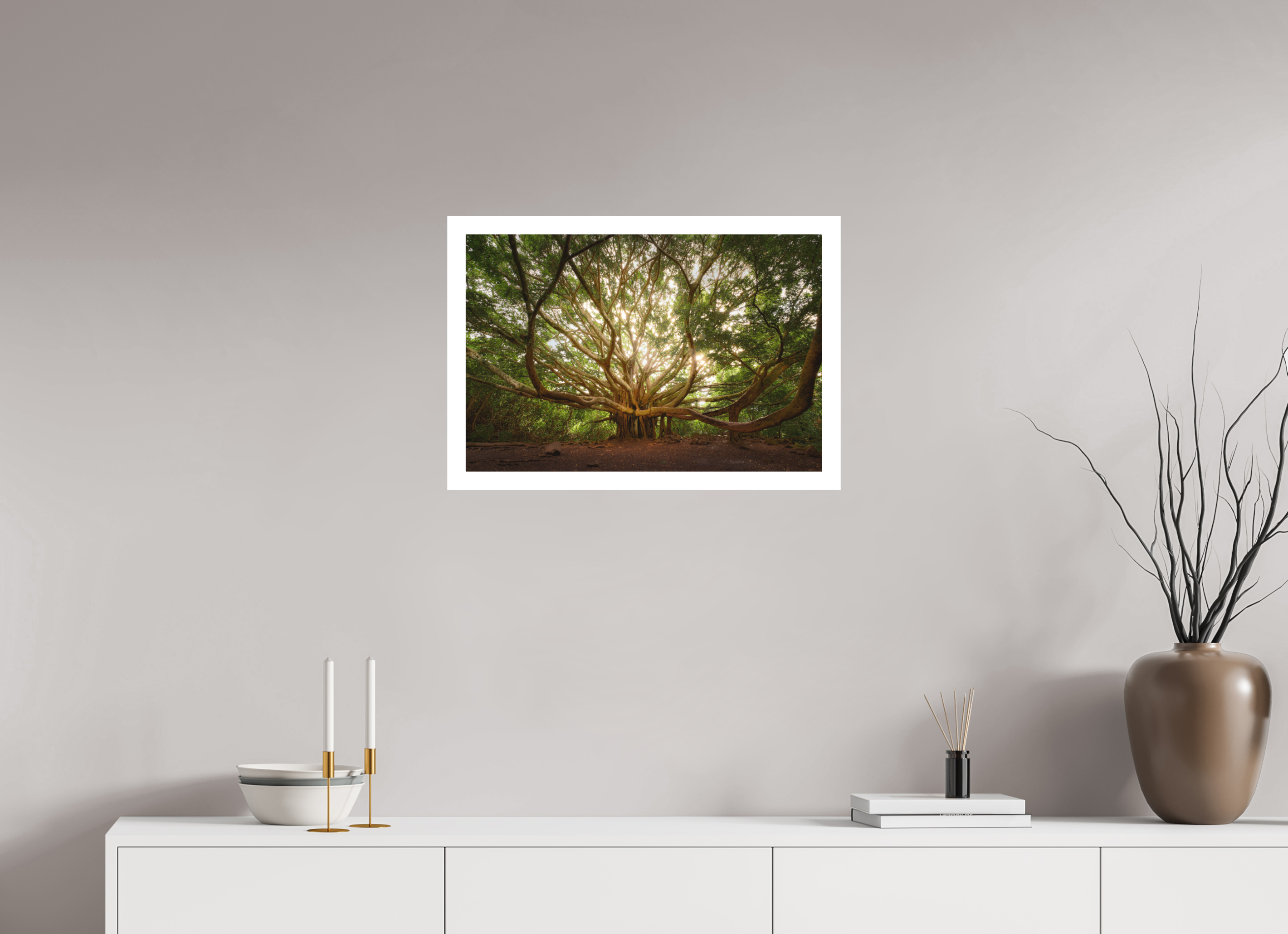 24 x 16″, Bonded Acrylic Mat + White Frame Bracchium: The Pipiwai Trail Banyan Tree