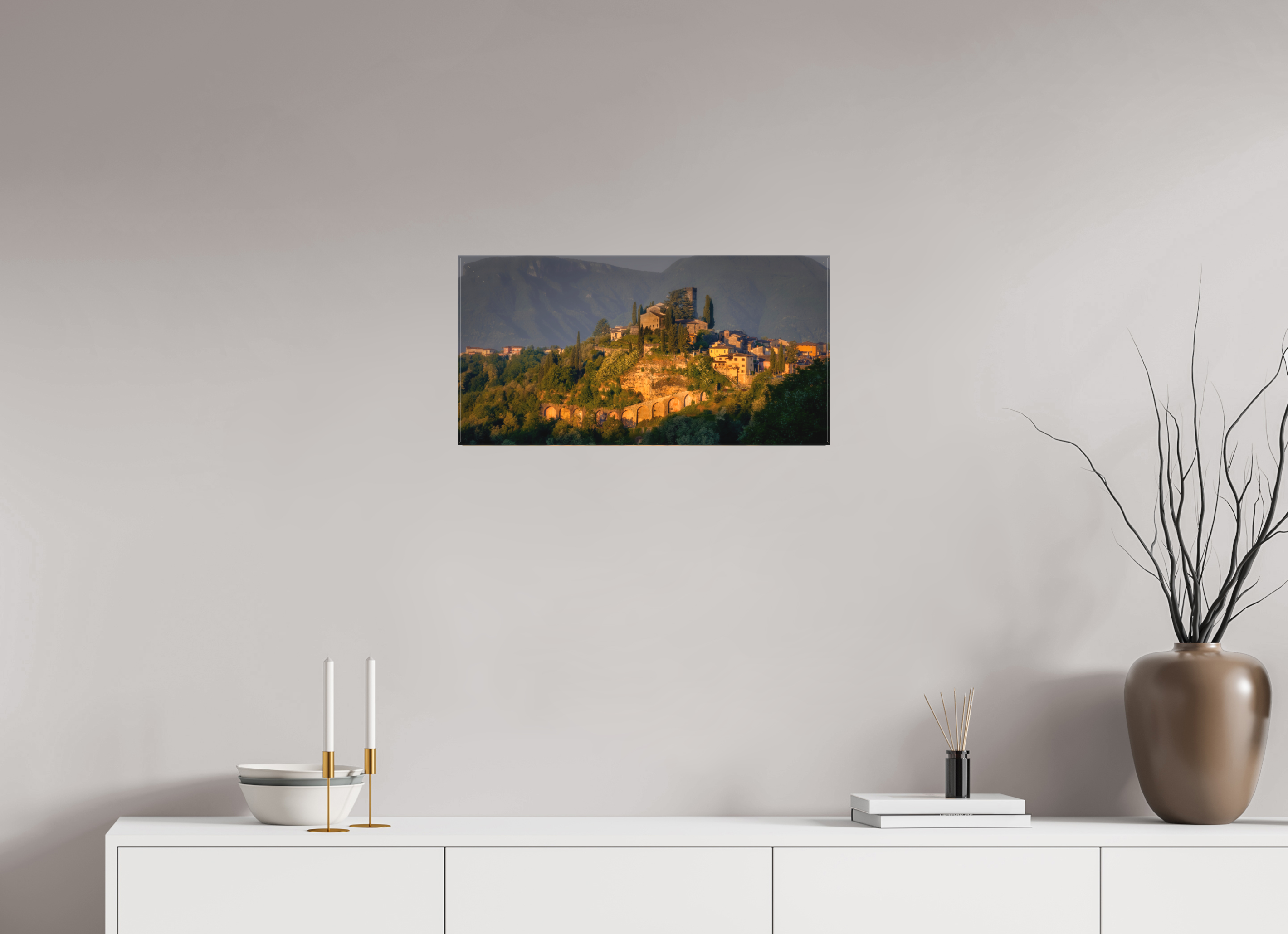 24 x 12″, Fine Art Textile Morning Glow on Barga, Tuscany