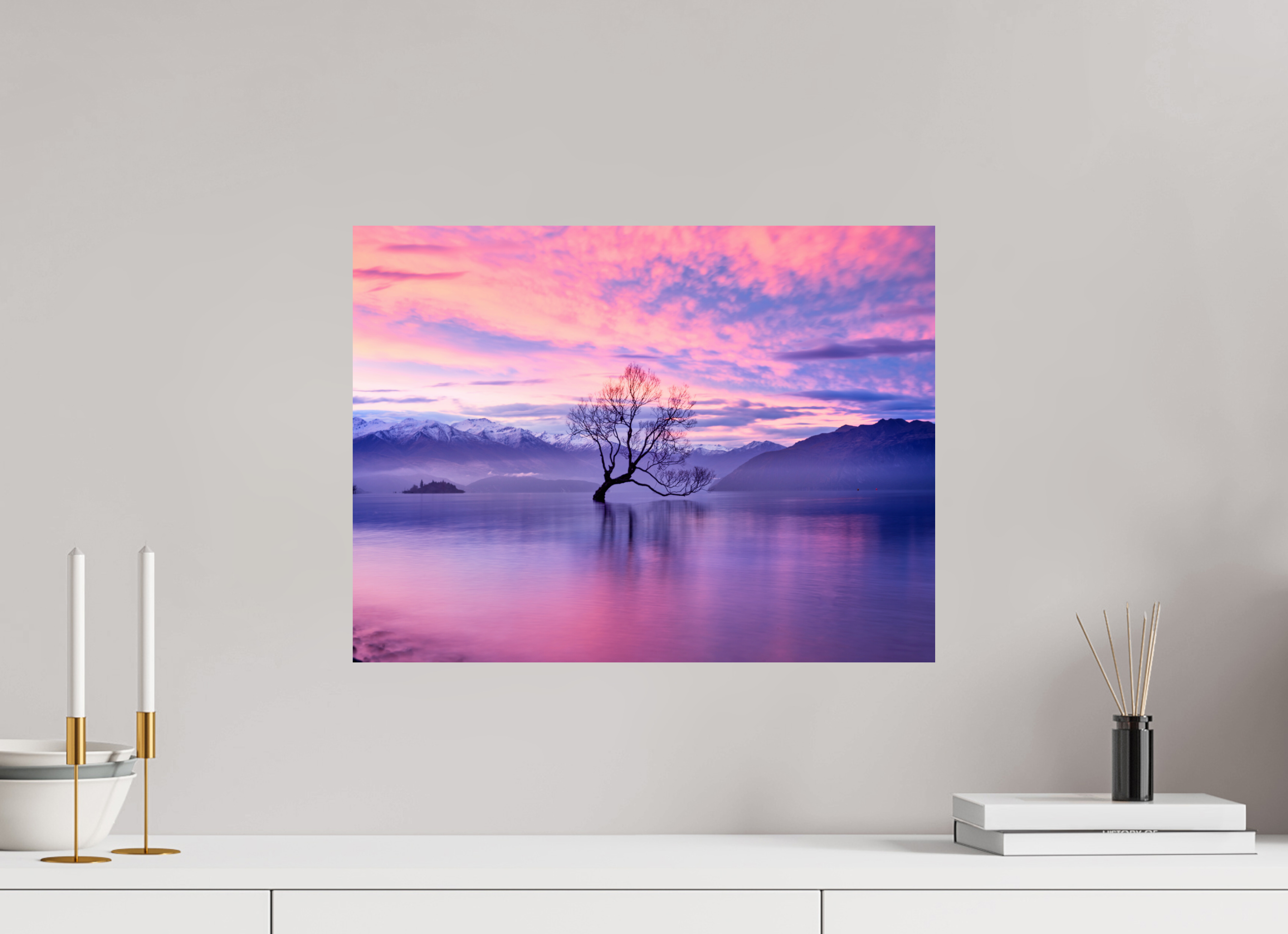 20 x 15″, Giclée Alu-Dibond Wanaka II: The Wanaka Tree Beneath a Brilliant Sunset