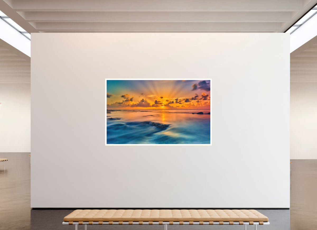 82.6 x 51″, Bonded Acrylic Mat + Gold Frame Diluvian: Bora Bora Reefside Sunrise