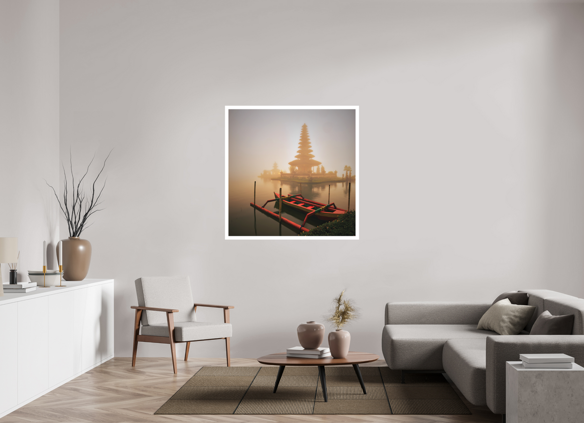 45 x 45″, Bonded Acrylic Mat + White Frame Bali: Temple  Pura Ulun Danu Bratan