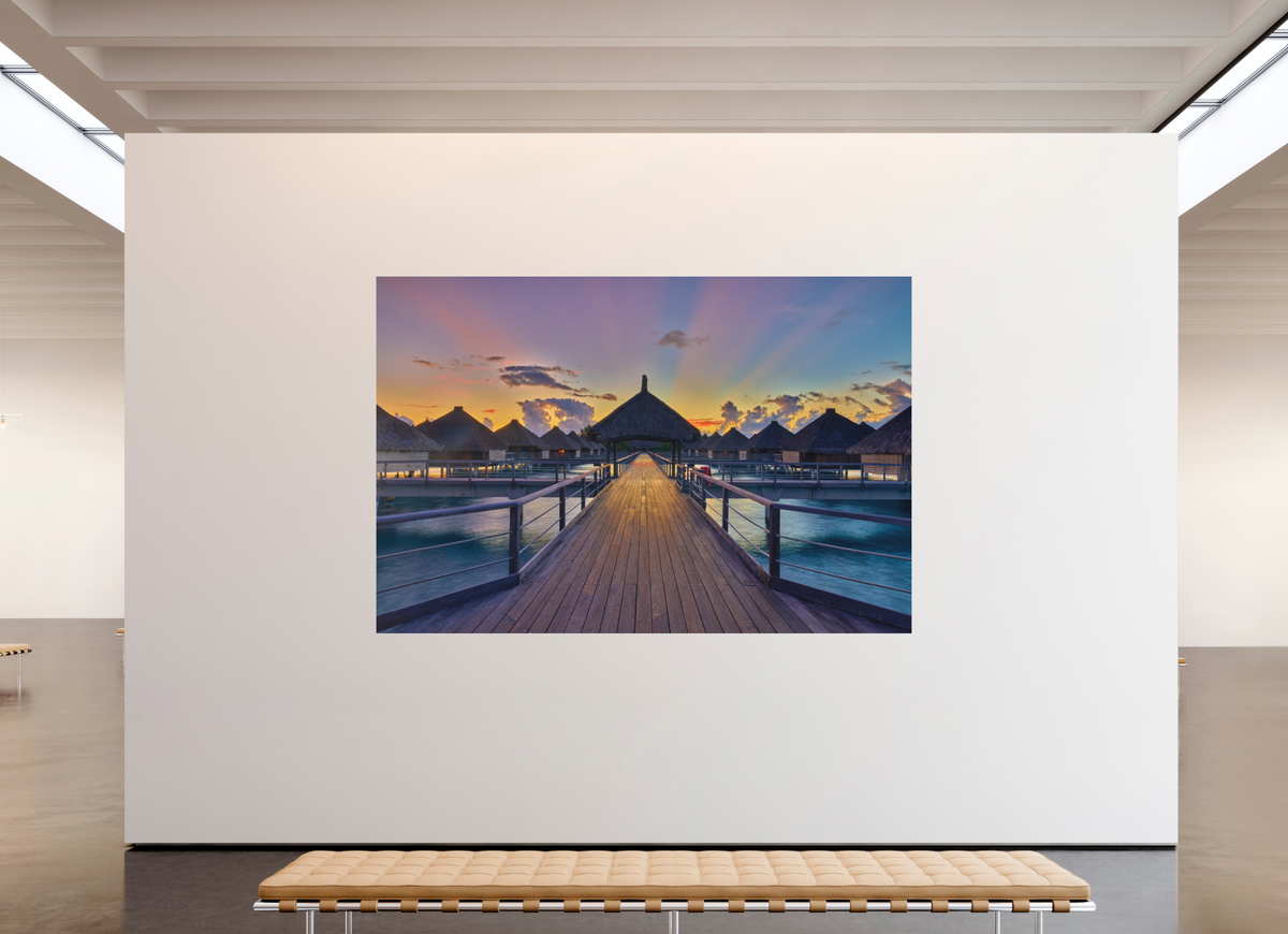 105 x 70″, Bonded Acrylic Silver Frame Sunrise Over Bora Bora Overwater Bungalows