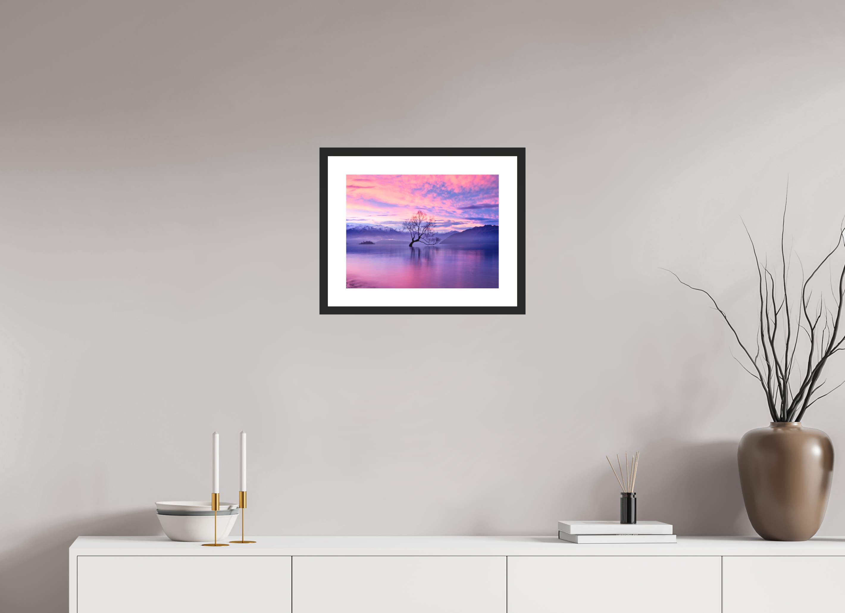 16 x 12″, Passe-Partout Black Frame Wanaka II: The Wanaka Tree Beneath a Brilliant Sunset
