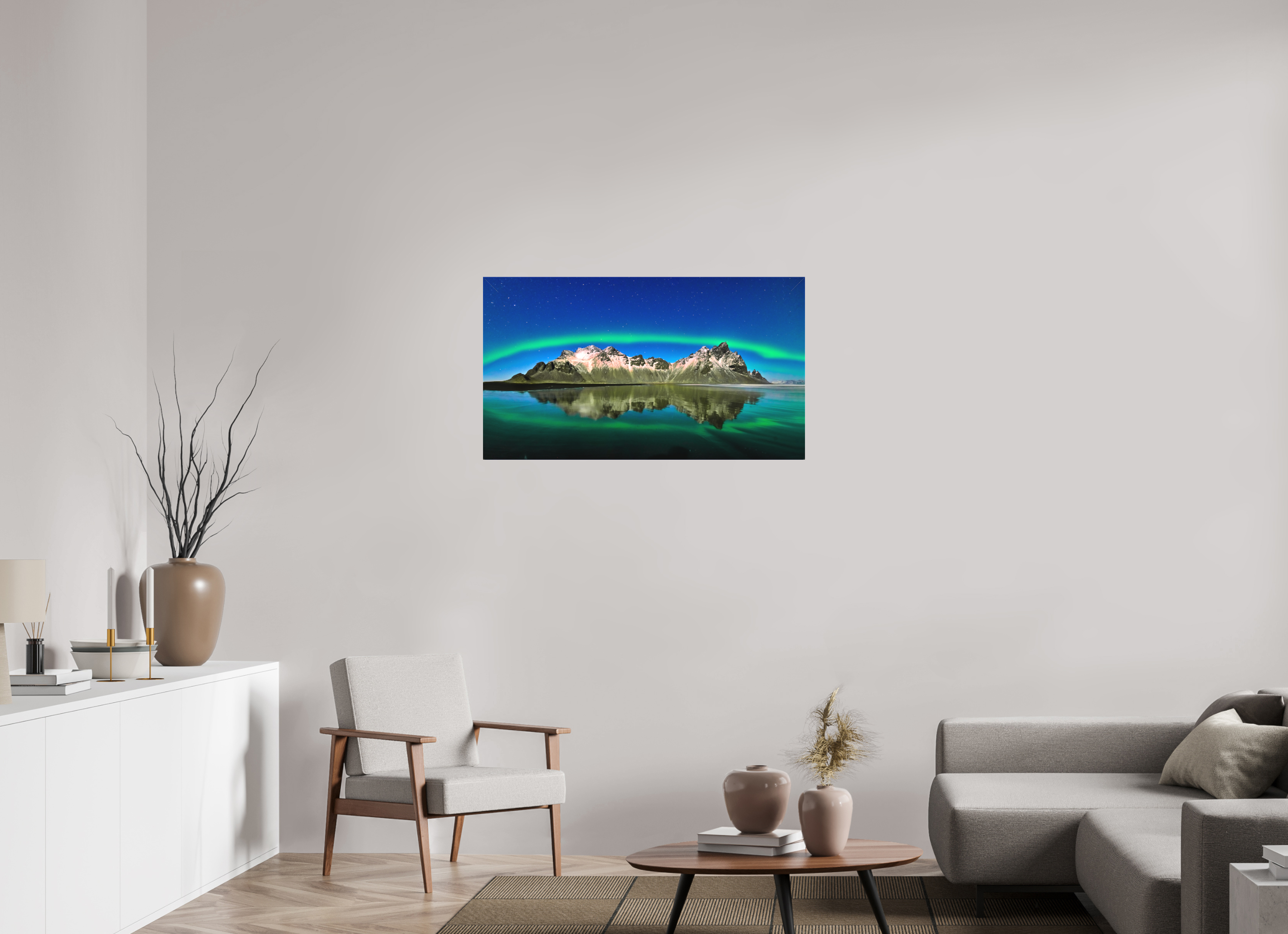 40 x 22.5″, Fine Art Textile Aurora Over Vestrahorn