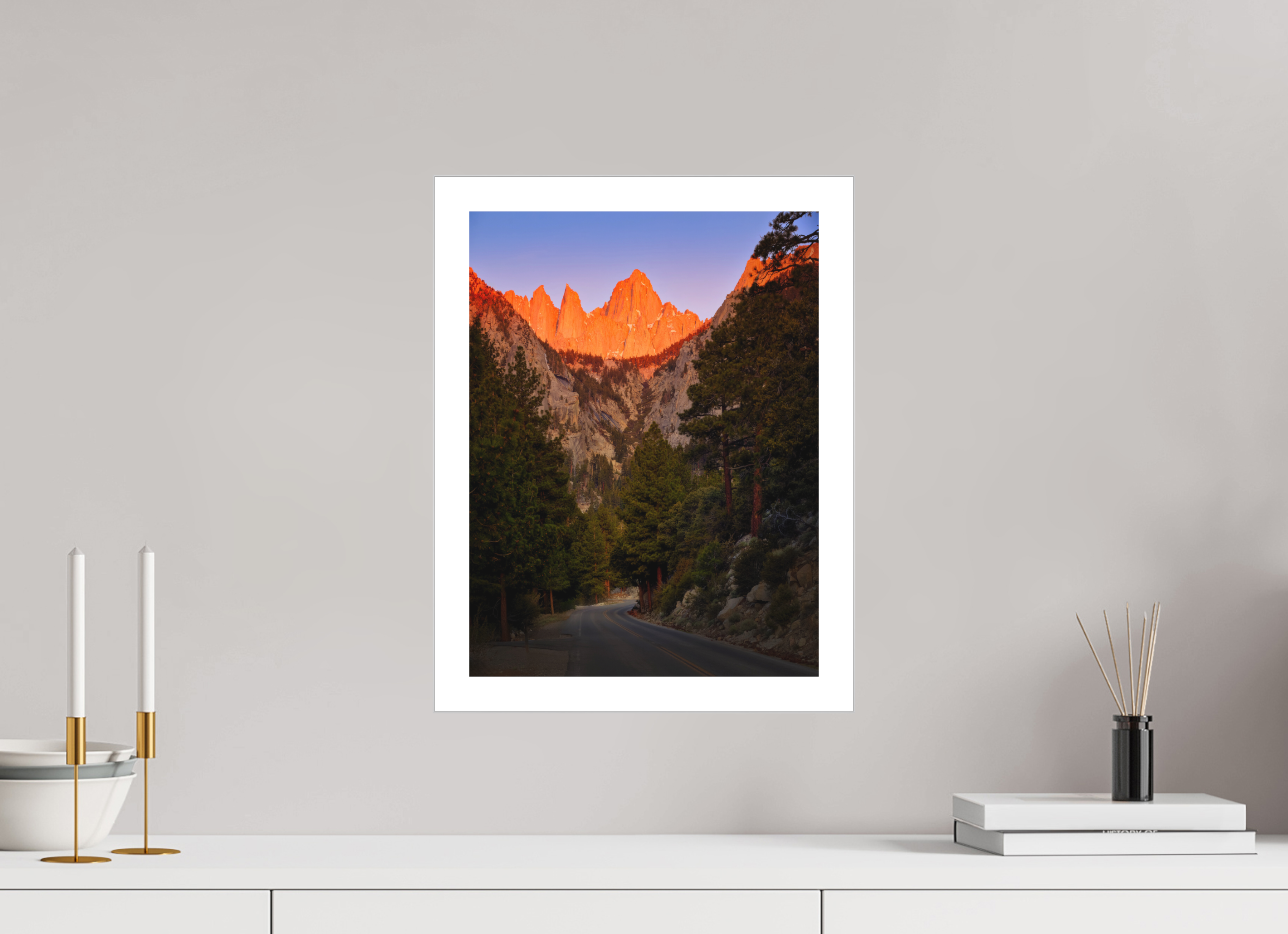 12 x 16″, Fine Art Bonded Acrylic Alpenglow on Mt. Whitney & Portal Road