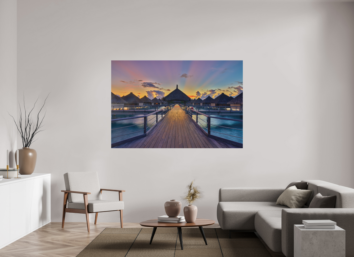 75 x 50″, Bonded Acrylic Silver Frame Sunrise Over Bora Bora Overwater Bungalows