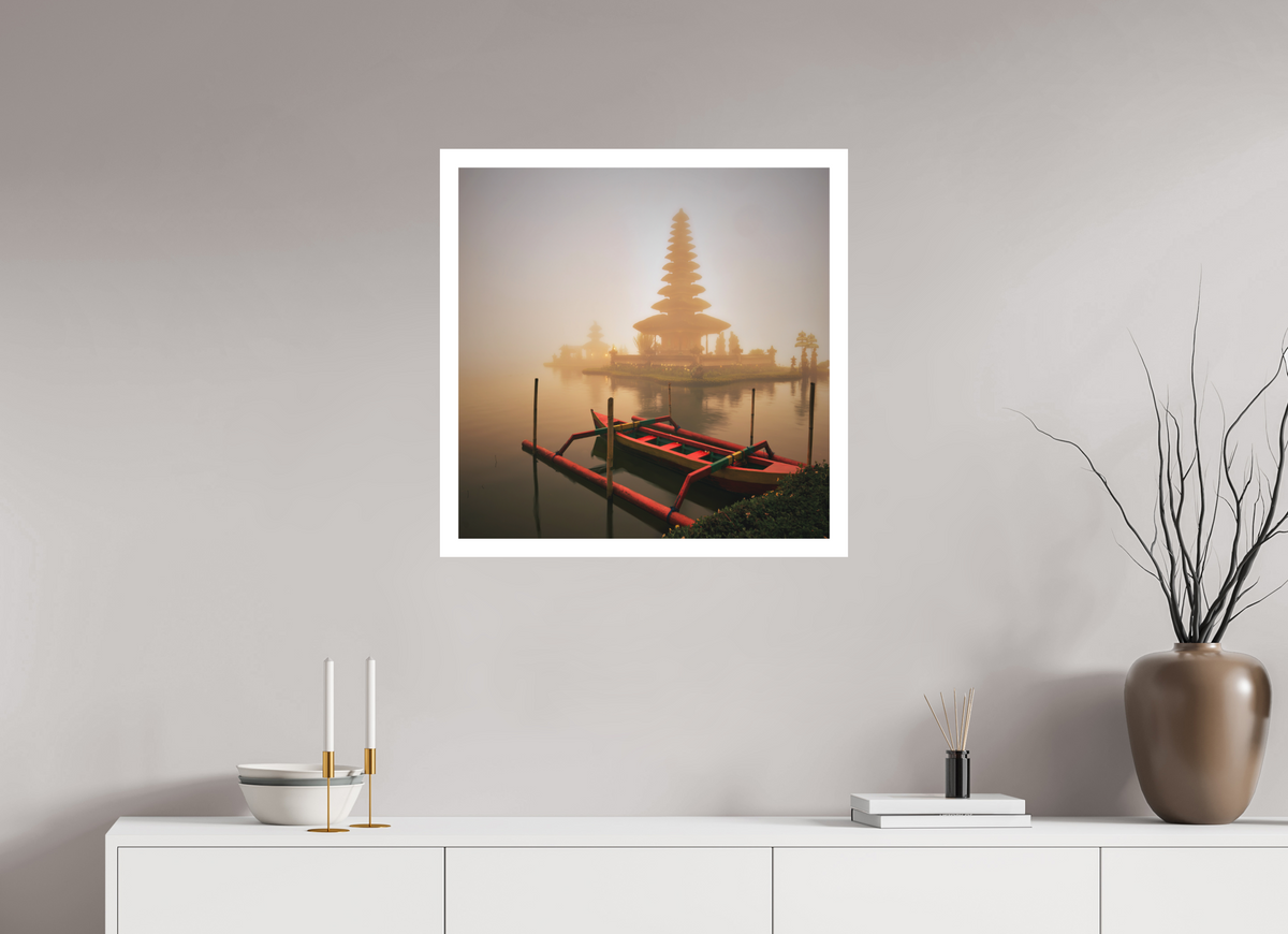 25 x 25″, Bonded Acrylic Mat + White Frame Bali: Temple  Pura Ulun Danu Bratan