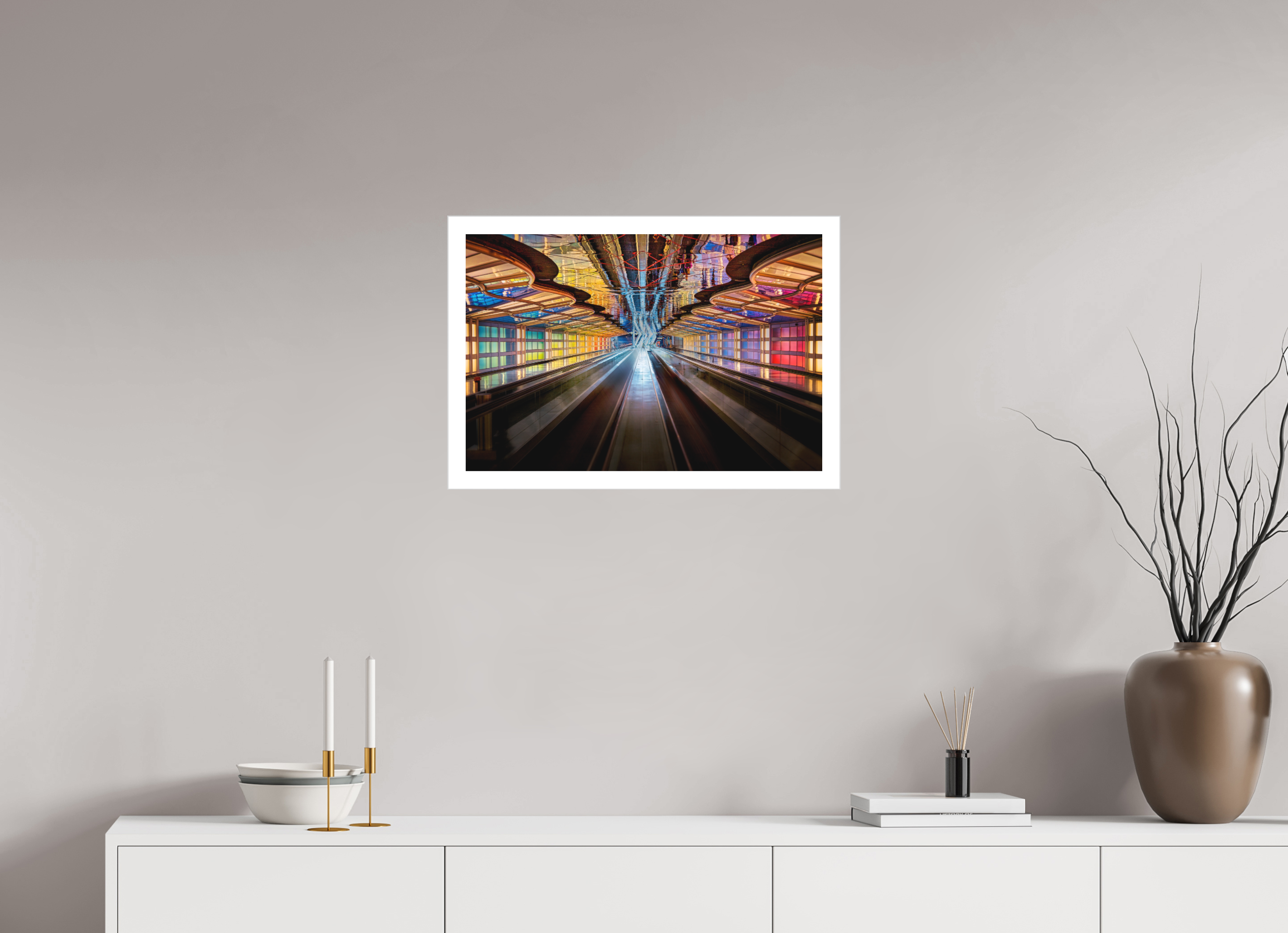24 x 16″, Fine Art Bonded Acrylic Chicago O'Hare Airport's Neon Walkway