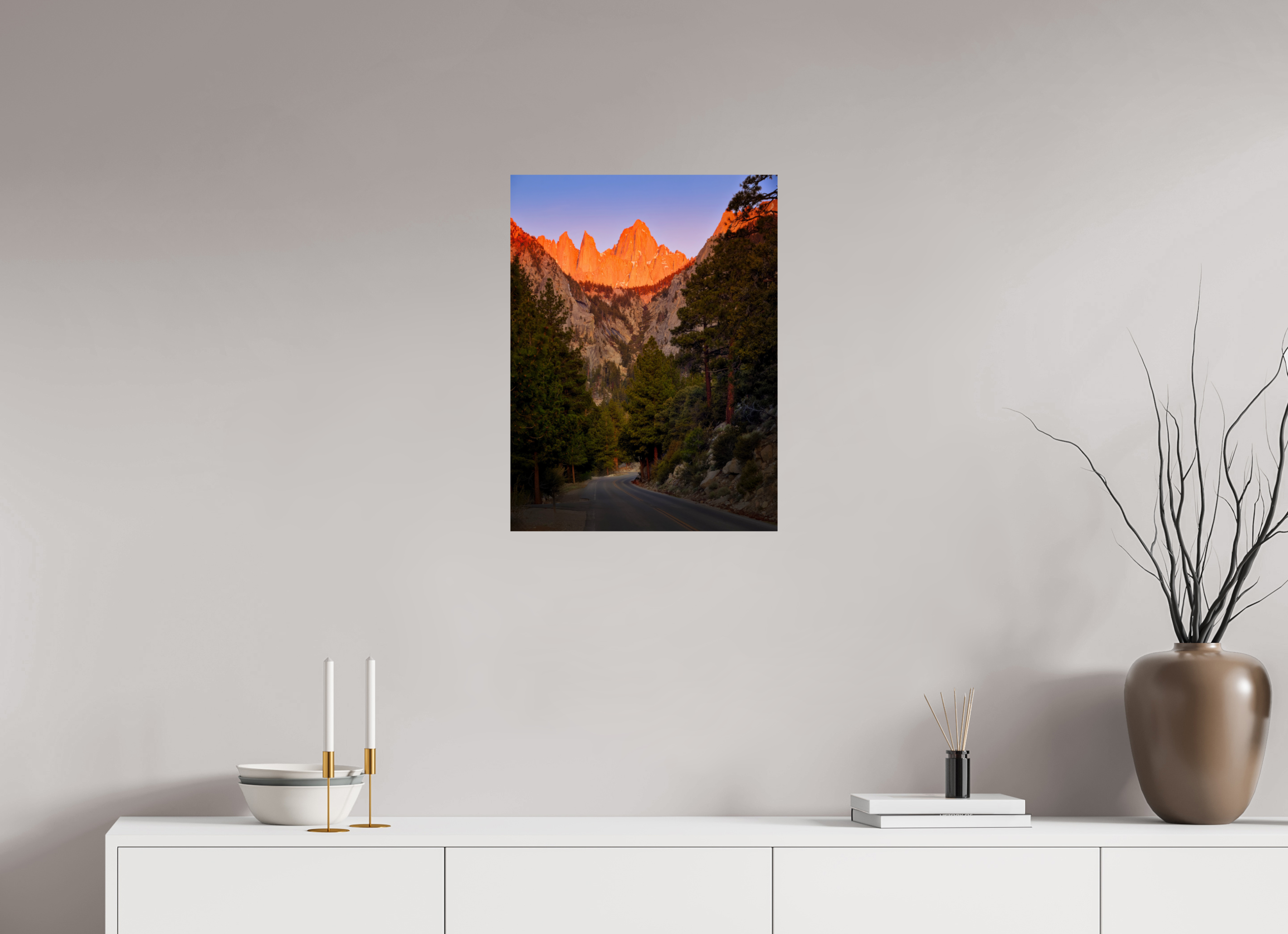 18 x 24″, Giclée Alu-Dibond Alpenglow on Mt. Whitney & Portal Road