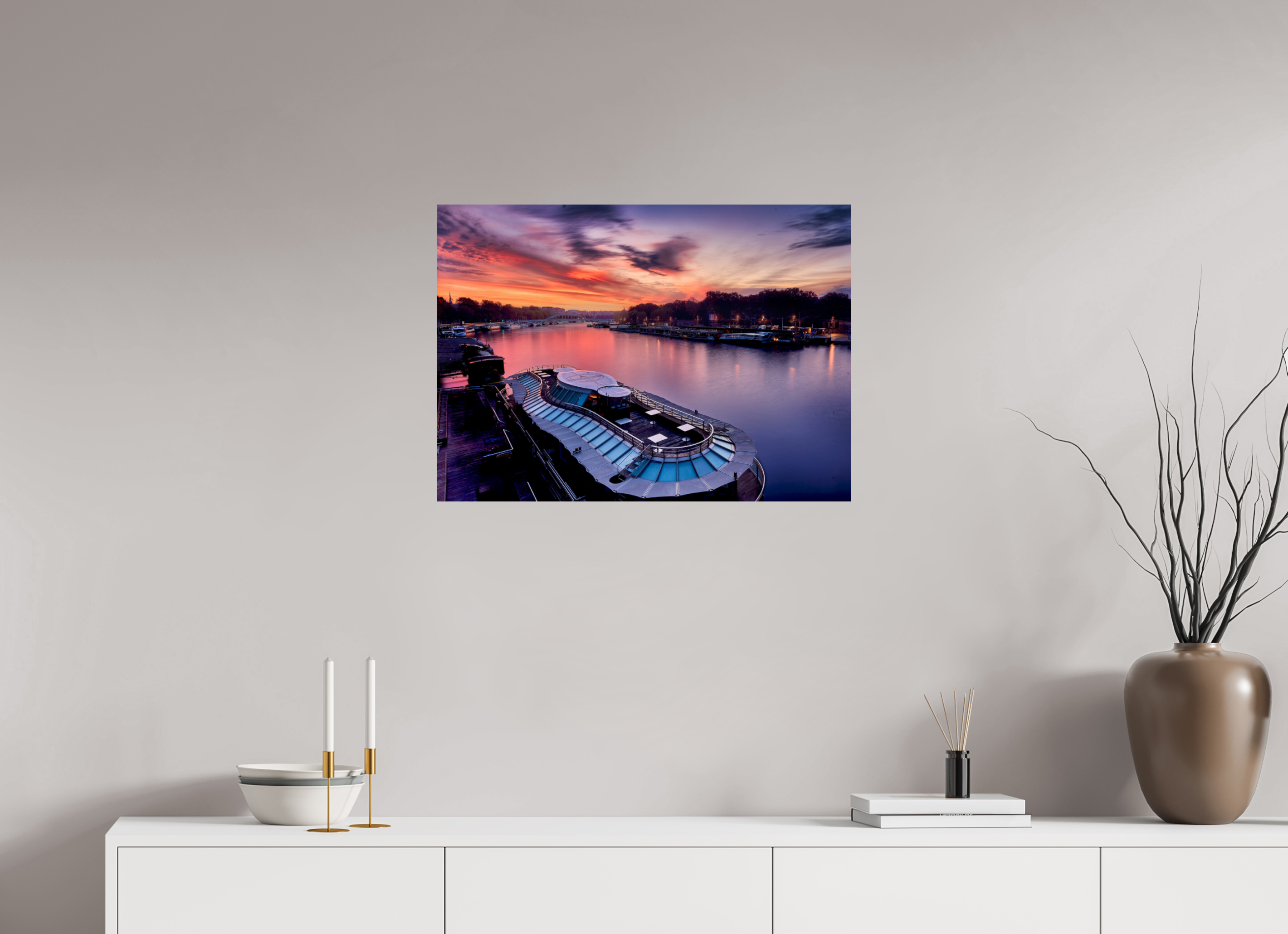 27.9 x 20″, Giclée Alu-Dibond Canal Boats On the River Seine at Dawn