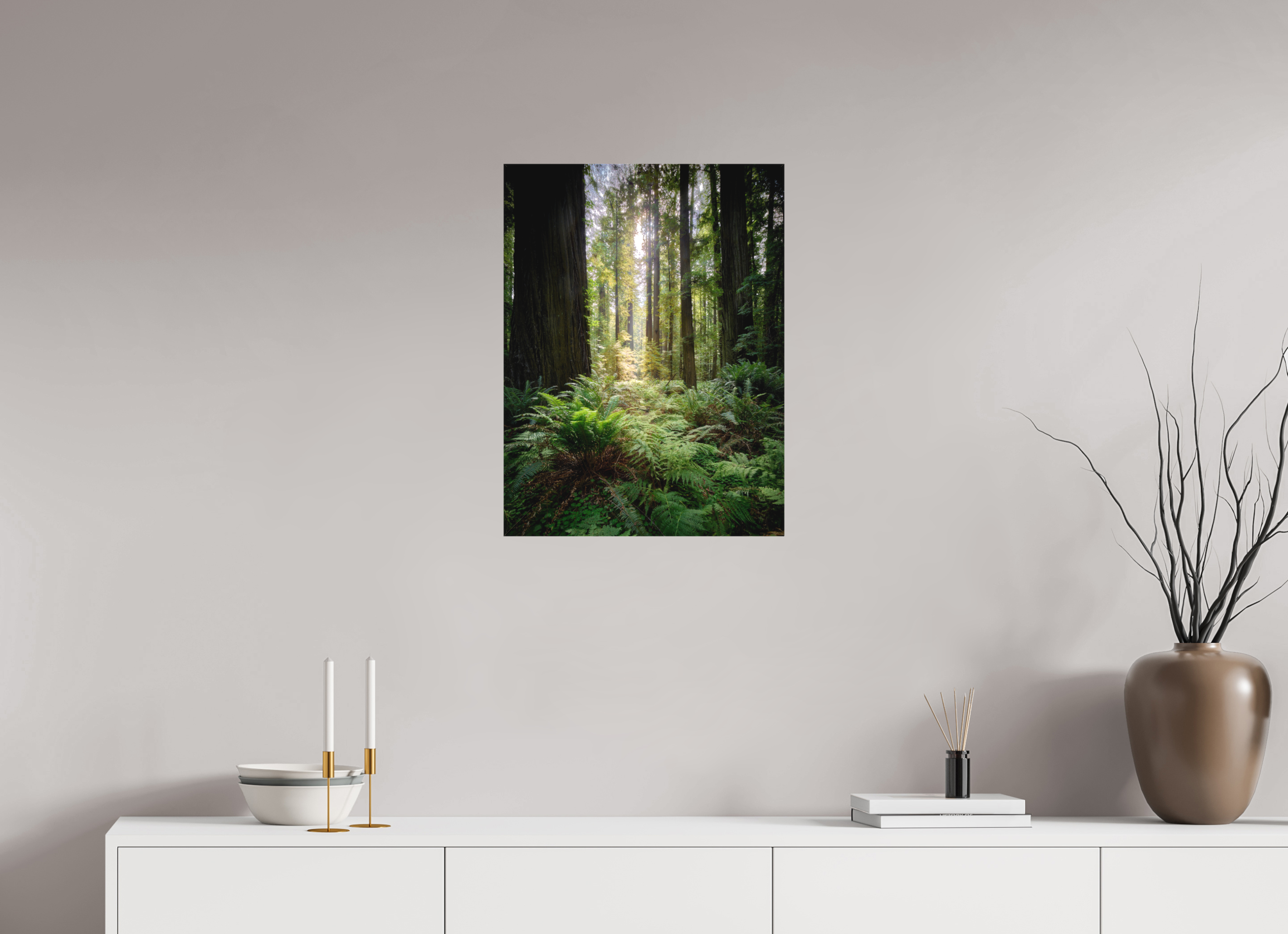 18 x 24″, Fine Art Textile Forest Light on Redwoods & Sword Ferns