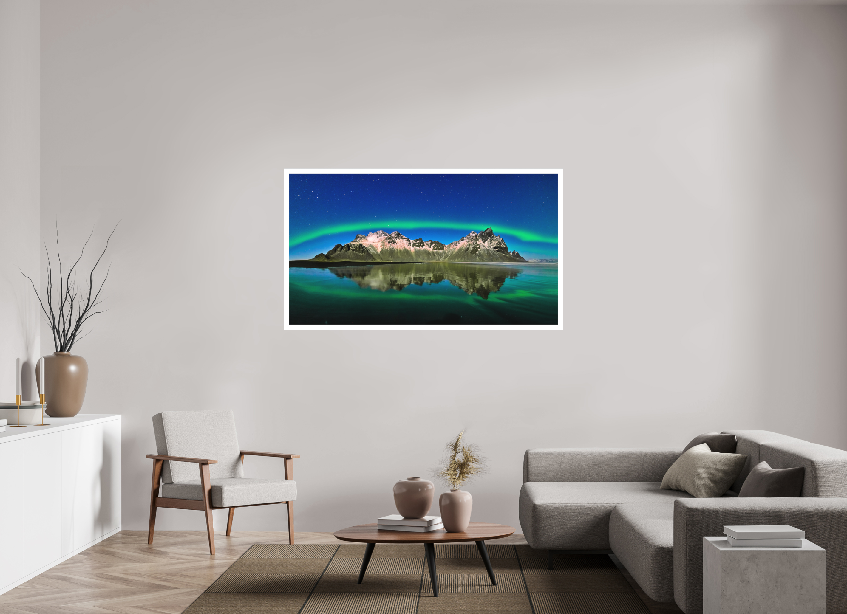 64 x 36″, Fine Art Bonded Acrylic Aurora Over Vestrahorn