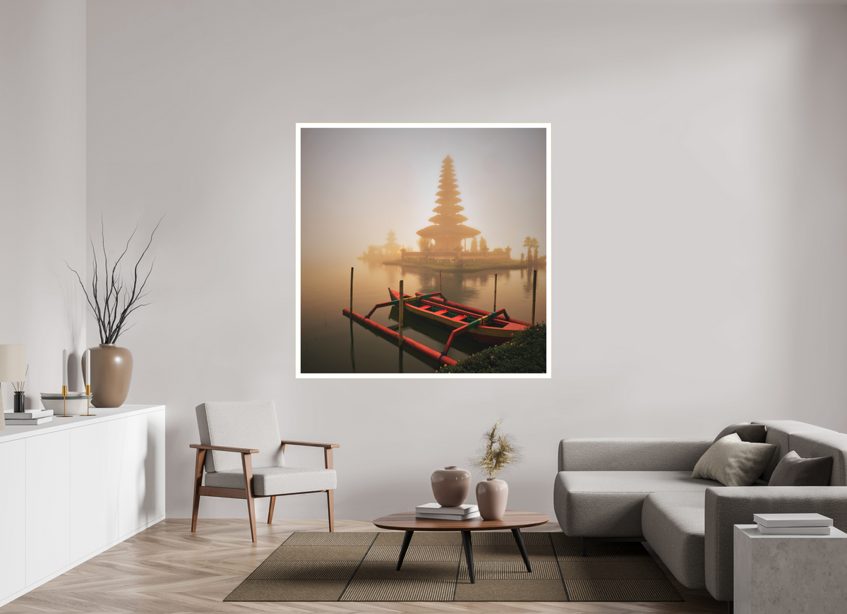 60 x 60″, Bonded Acrylic Mat + Gold Frame Bali: Temple  Pura Ulun Danu Bratan