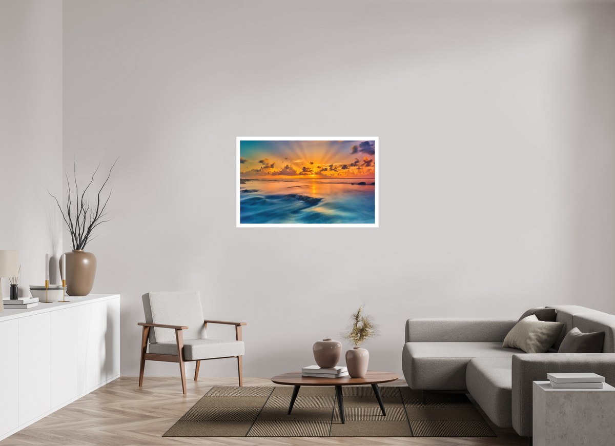 45.4 x 28″, Bonded Acrylic Mat + White Frame Diluvian: Bora Bora Reefside Sunrise