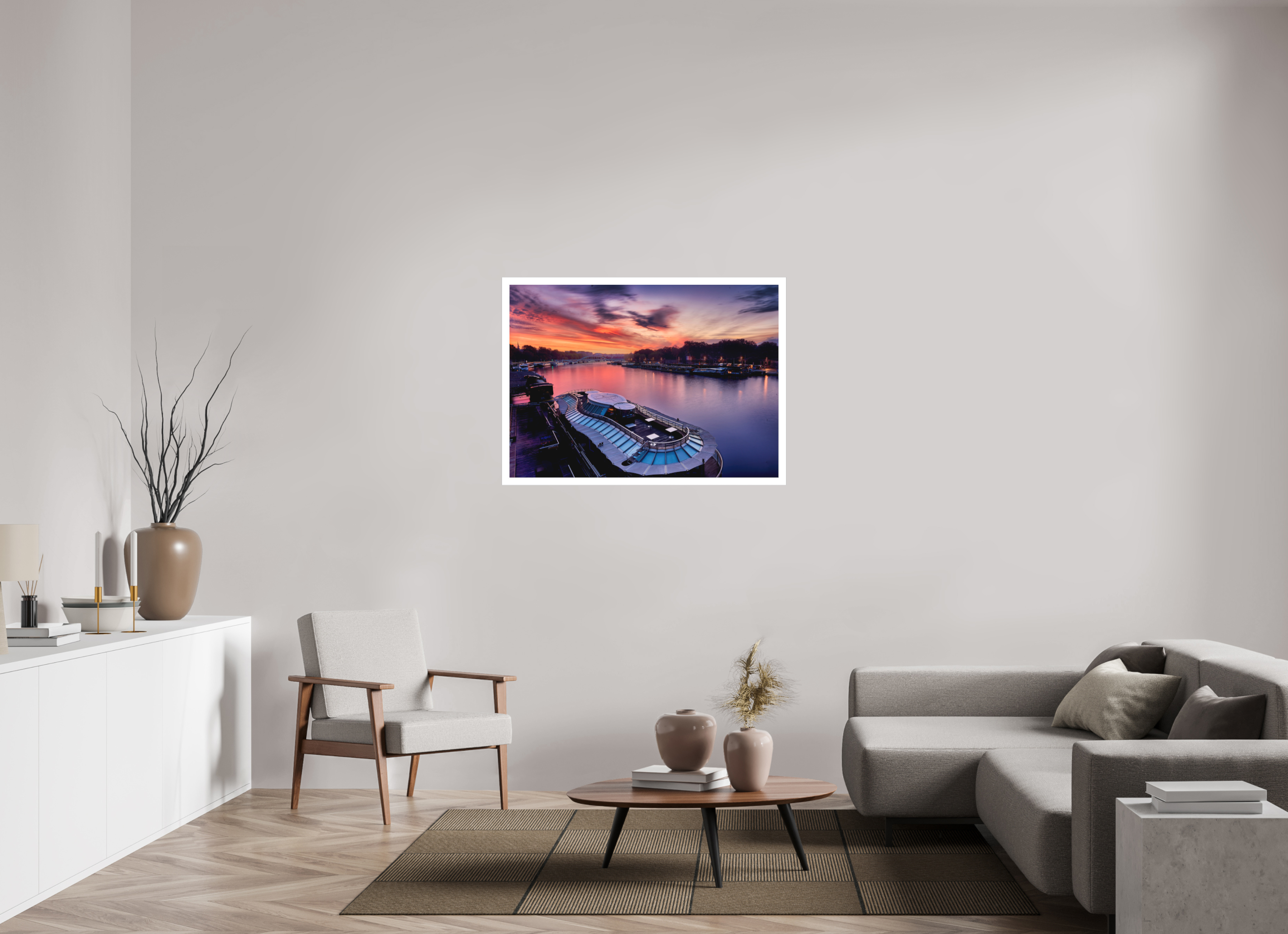 43.2 x 31″, Fine Art Bonded Acrylic Canal Boats On the River Seine at Dawn
