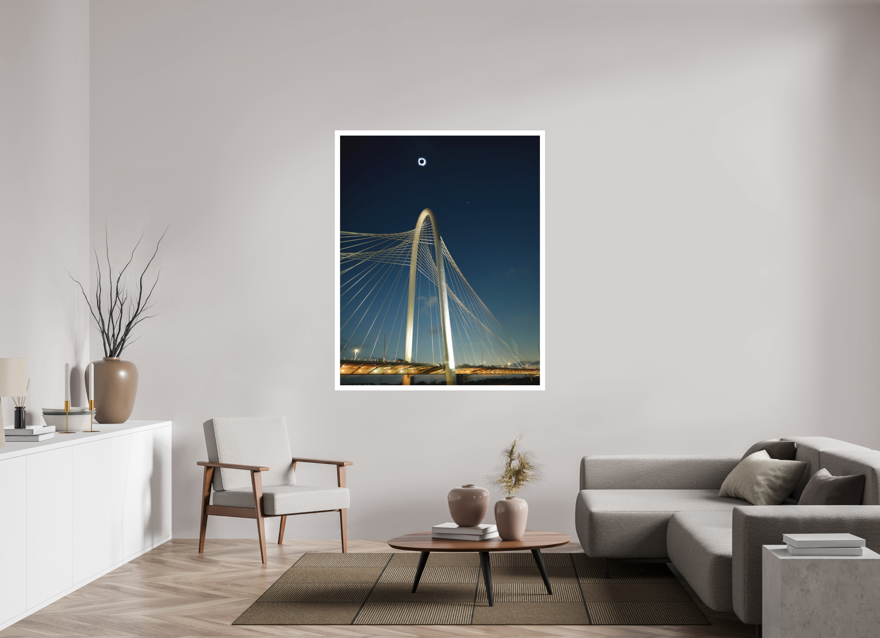 47 x 58.7″, Bonded Acrylic Mat + Silver Frame 2024 Eclipse: Over Margaret Hunt Hill Bridge