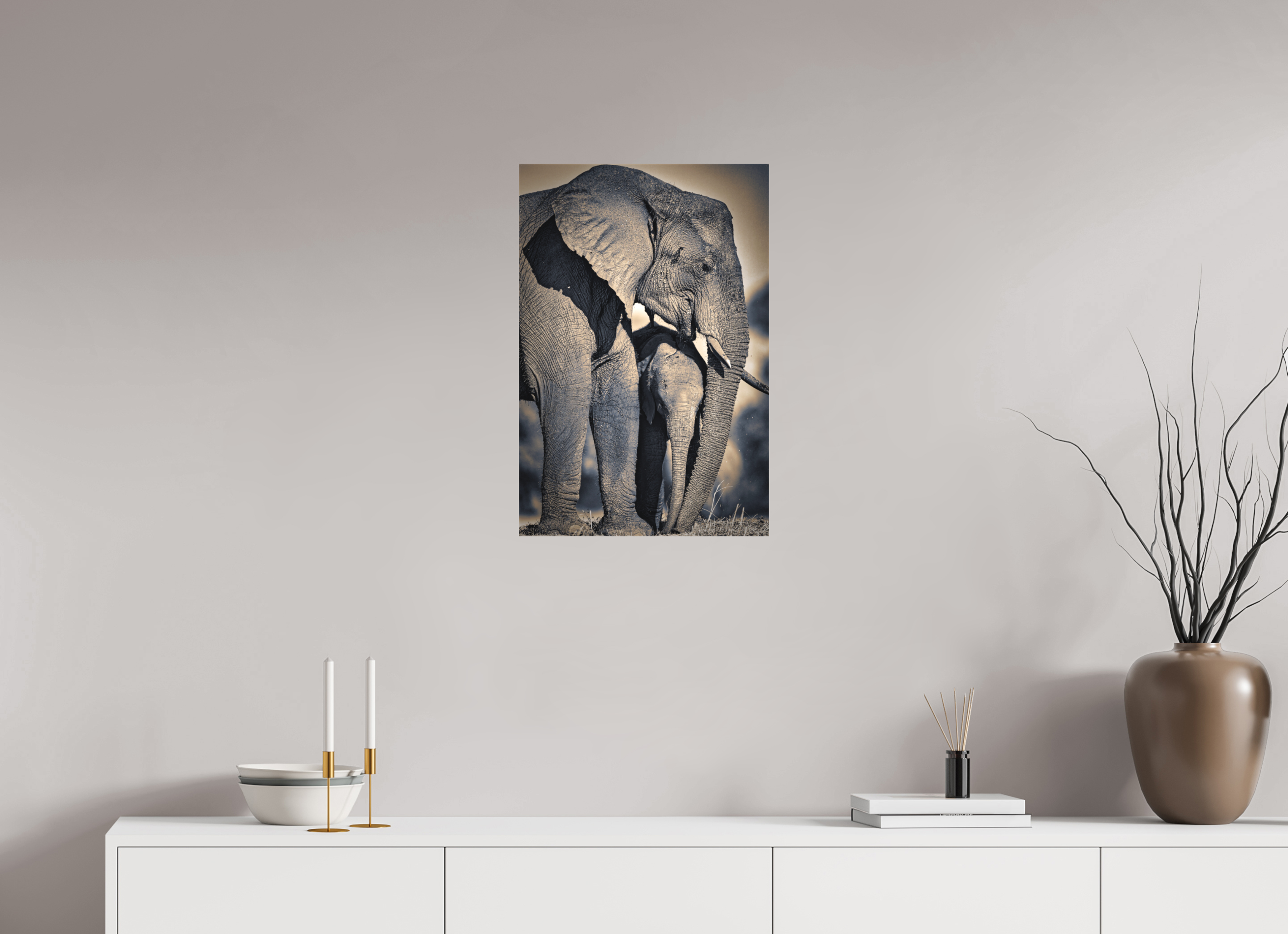 16 x 24″, Fine Art Textile Mother Elephant & Calf