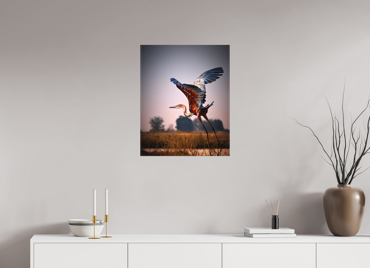 20 x 25″, Fine Art Textile Goliath Heron Takes Flight on the Chobe River