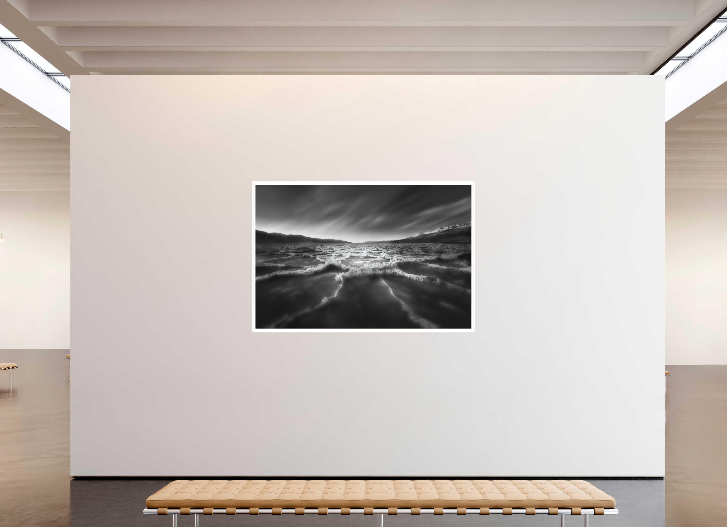75 x 50″, Bonded Acrylic Mat + Black Frame Death Valley's Badwater Basin in Monochrome