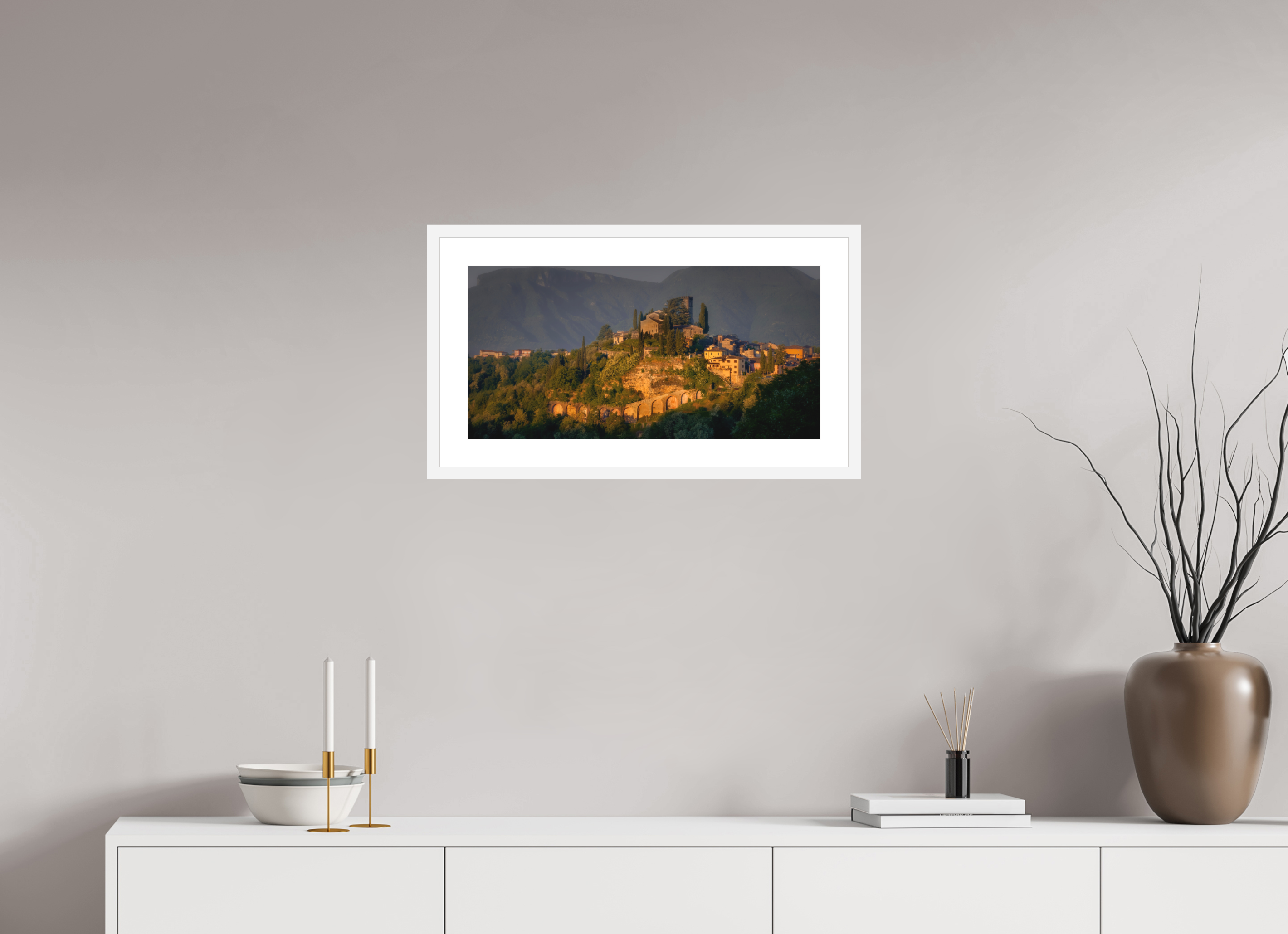 24 x 12″, Passe-Partout White Frame Morning Glow on Barga, Tuscany