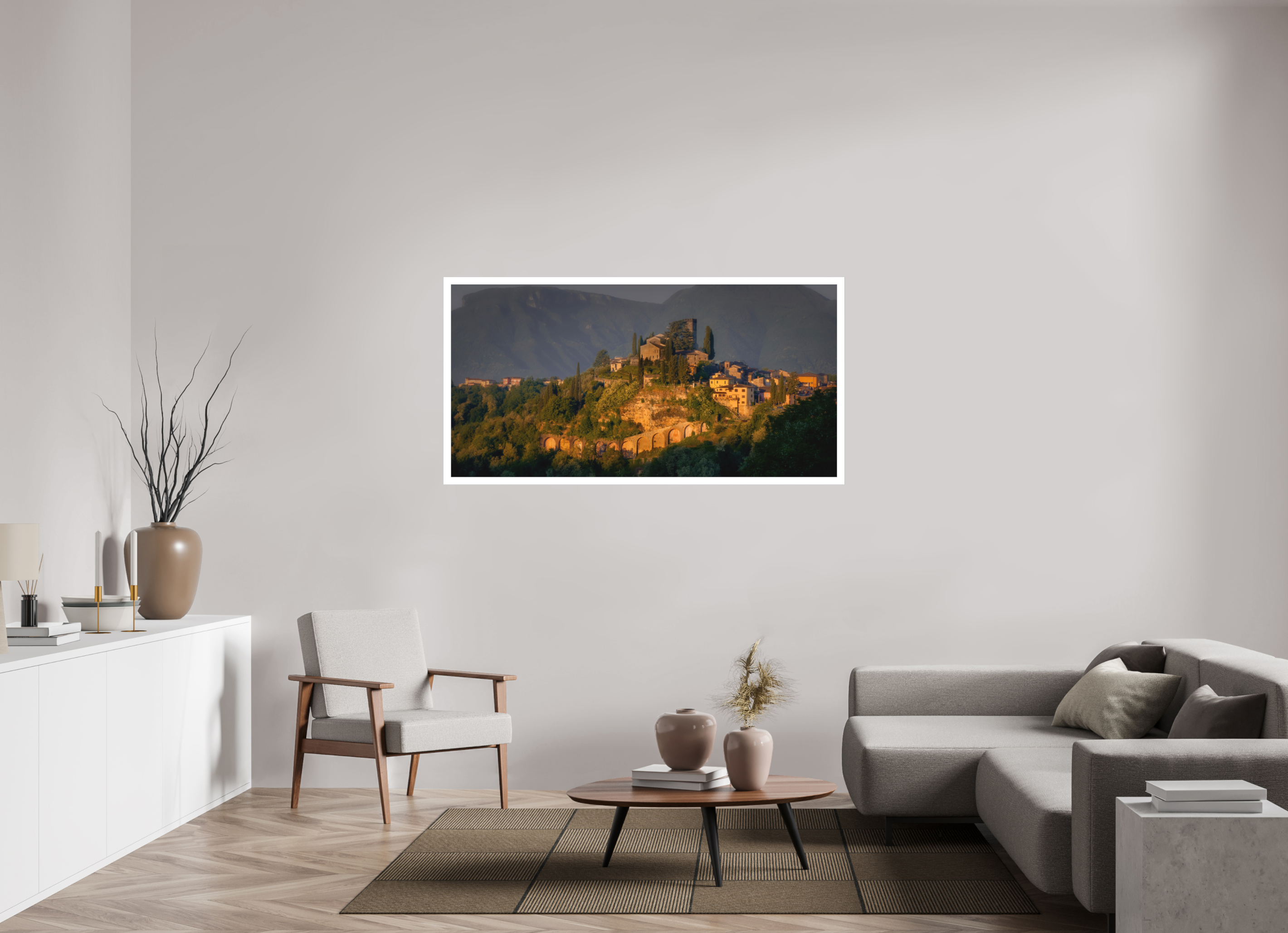 62 x 31″, Fine Art Bonded Acrylic Morning Glow on Barga, Tuscany