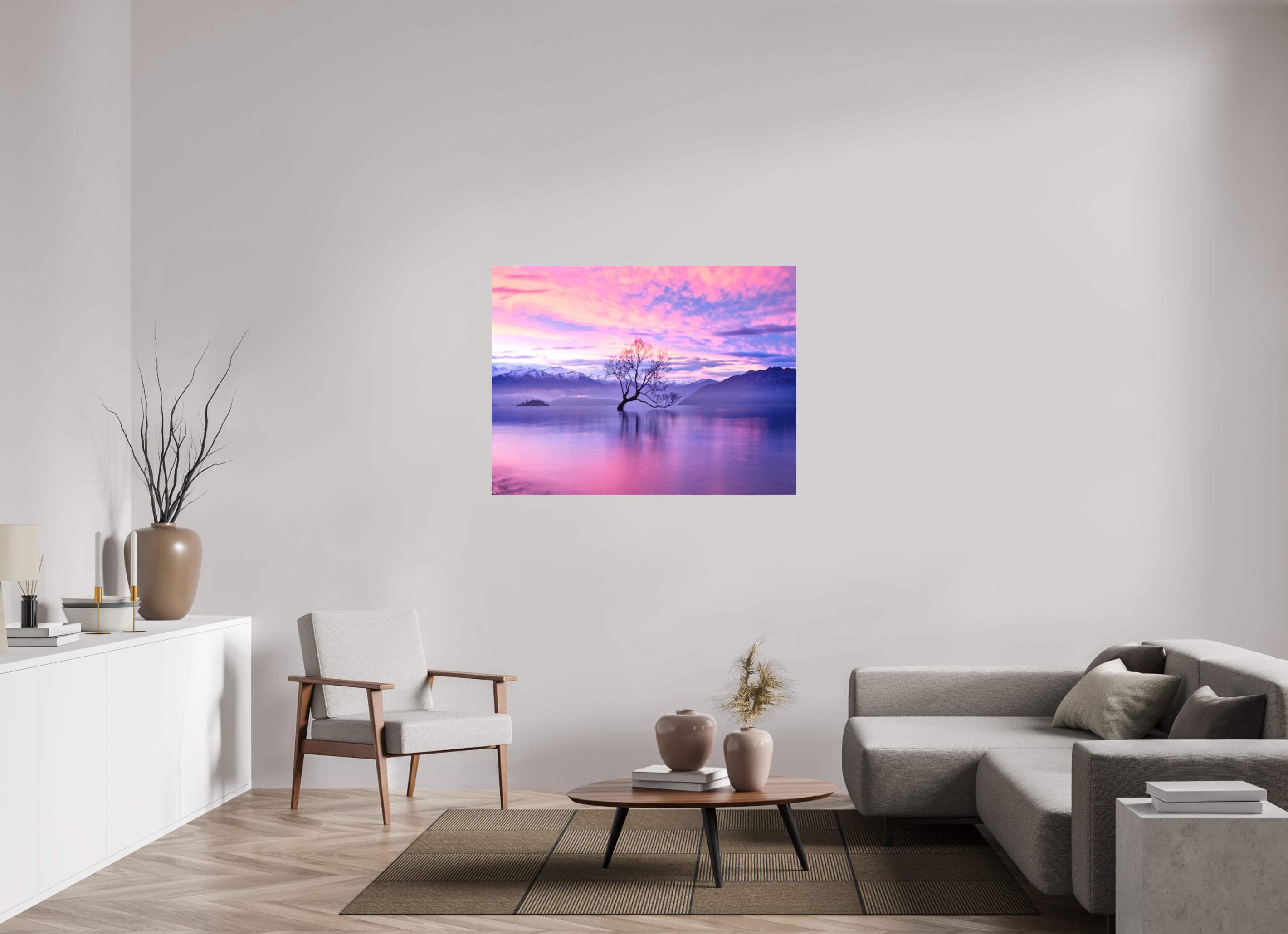 48 x 36″, Fine Art Textile Wanaka II: The Wanaka Tree Beneath a Brilliant Sunset