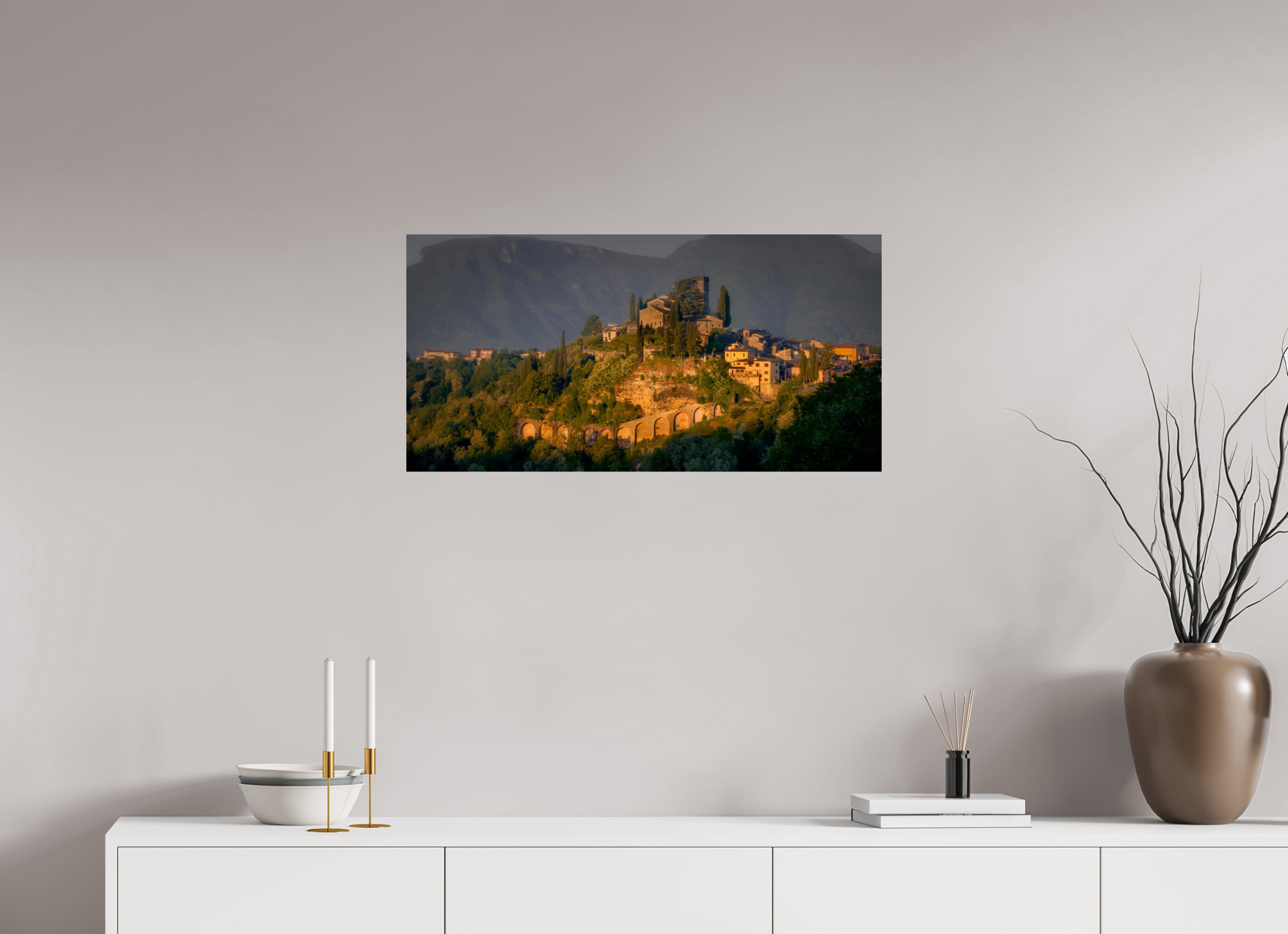 32 x 16″, Giclée Alu-Dibond Morning Glow on Barga, Tuscany