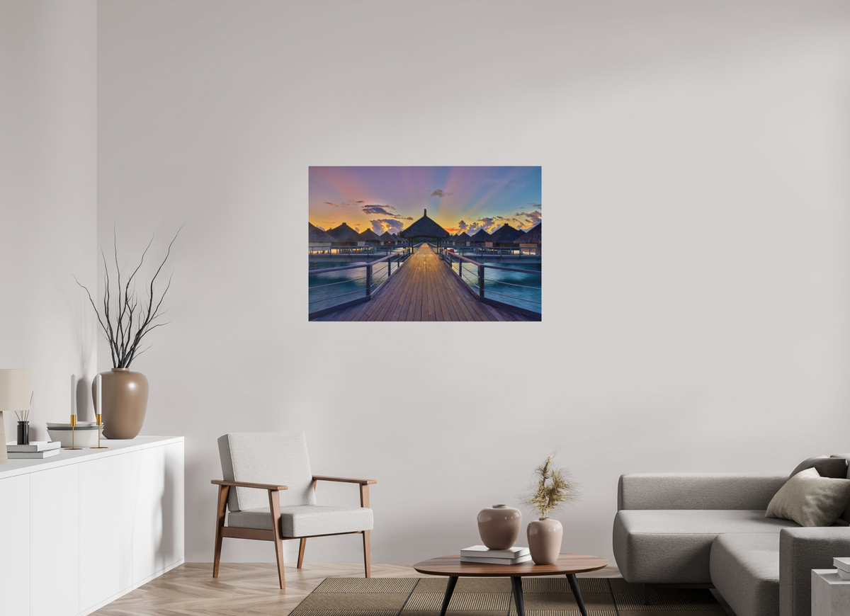 45 x 30″, Bonded Acrylic Silver Frame Sunrise Over Bora Bora Overwater Bungalows