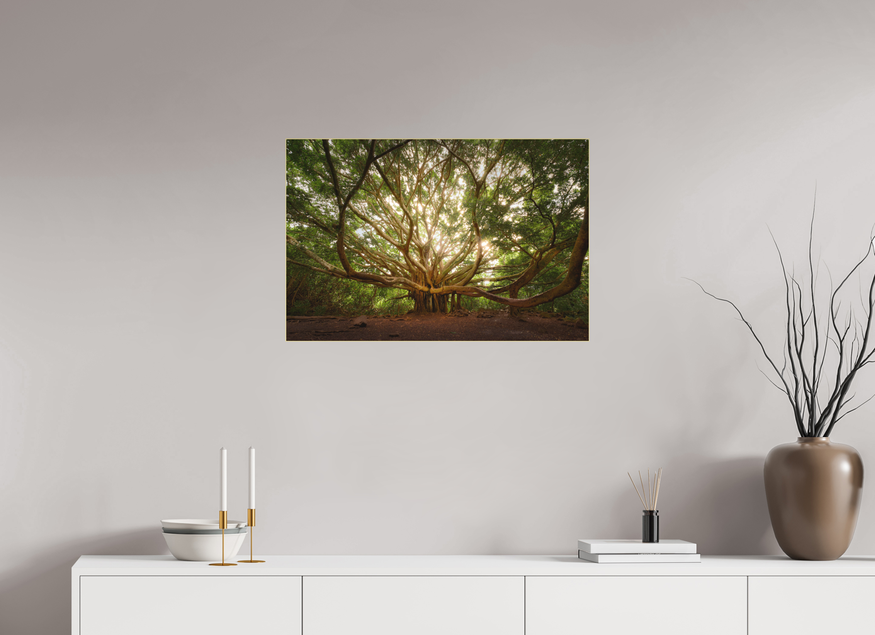 30 x 20″, Bonded Acrylic Gold Frame Bracchium: The Pipiwai Trail Banyan Tree