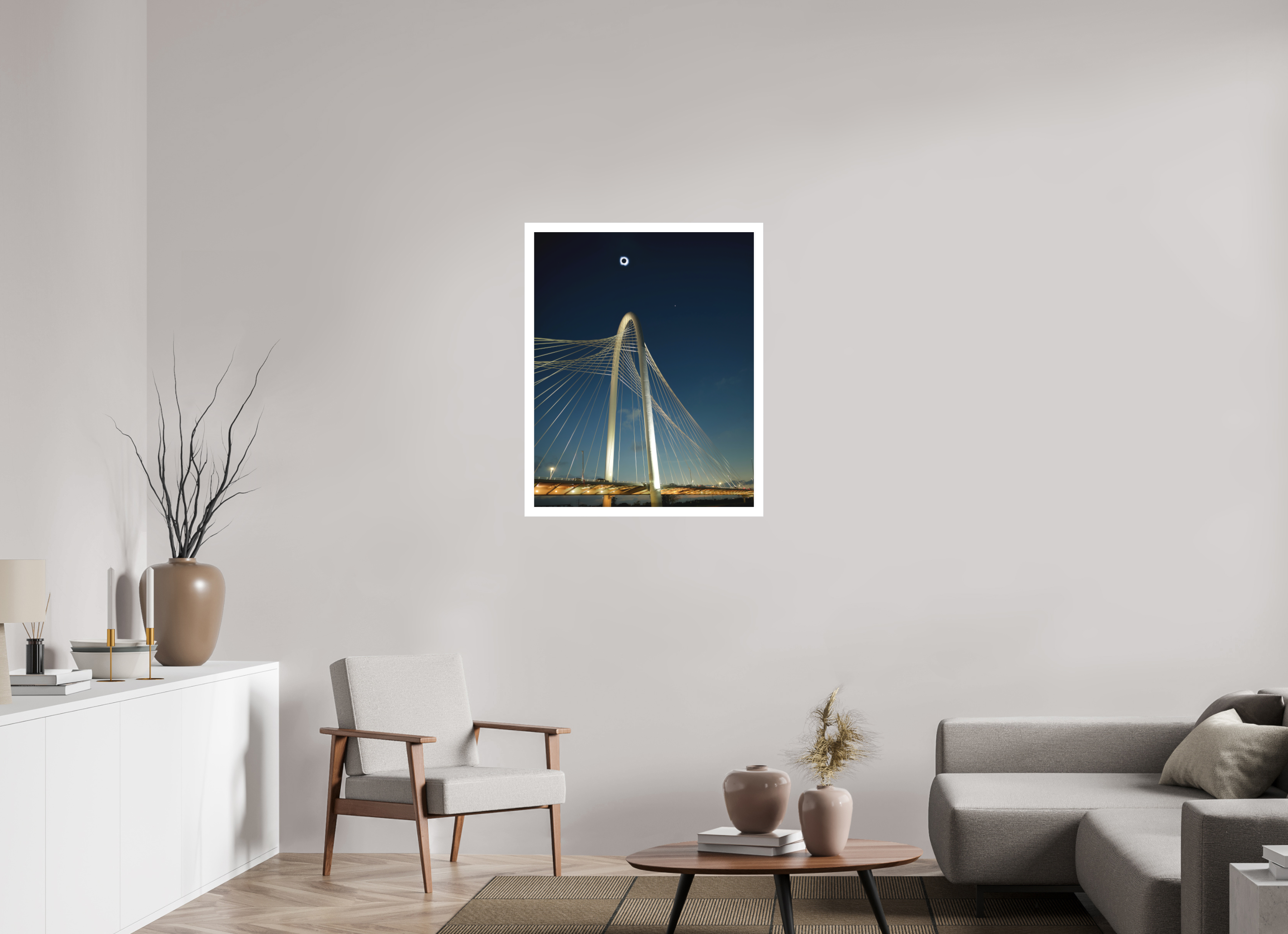 28 x 35″, Bonded Acrylic Mat + Silver Frame 2024 Eclipse: Over Margaret Hunt Hill Bridge
