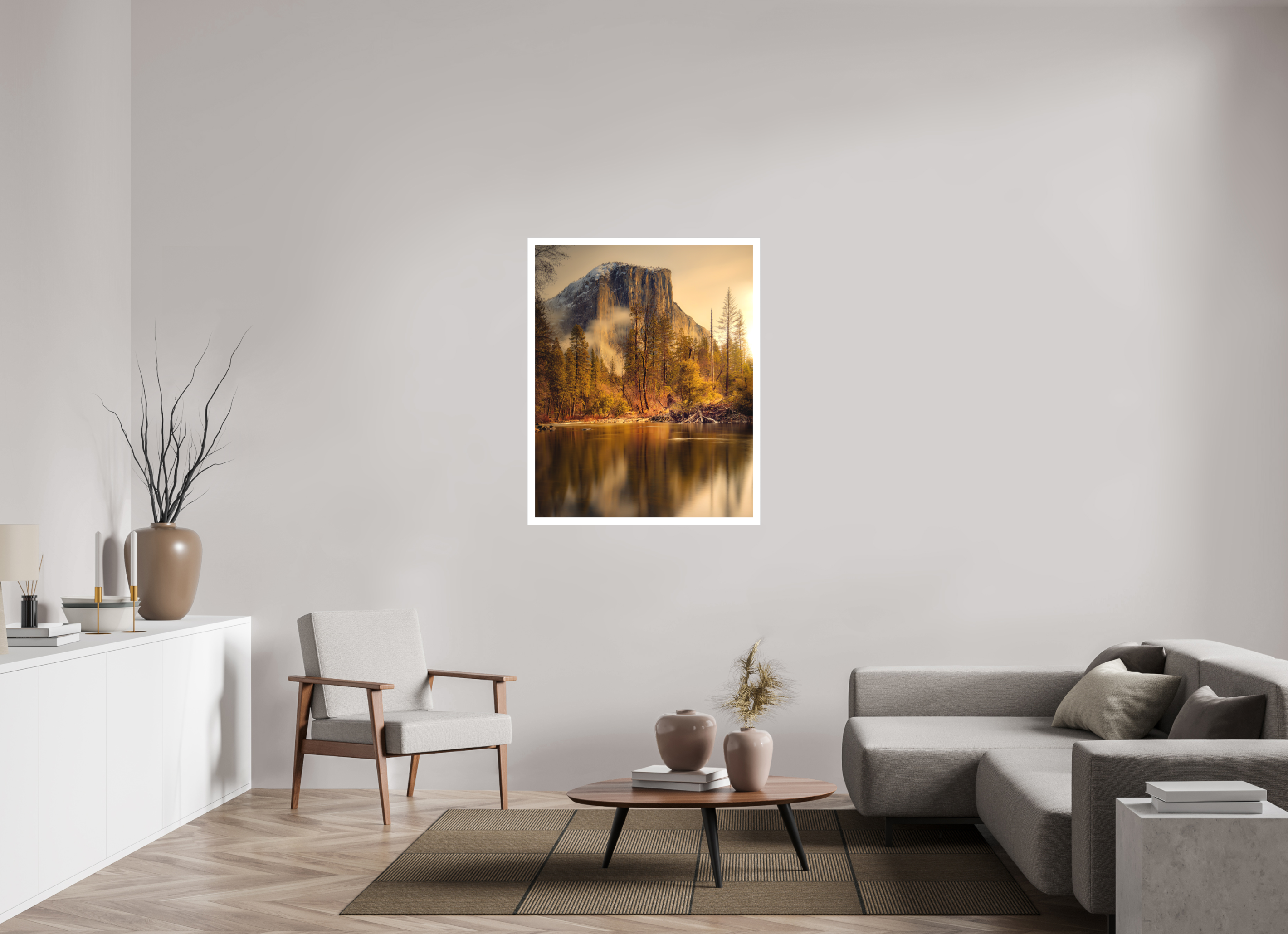 35 x 43.7″, Bonded Acrylic Mat + Silver Frame Winter Sunrise At El Capitan