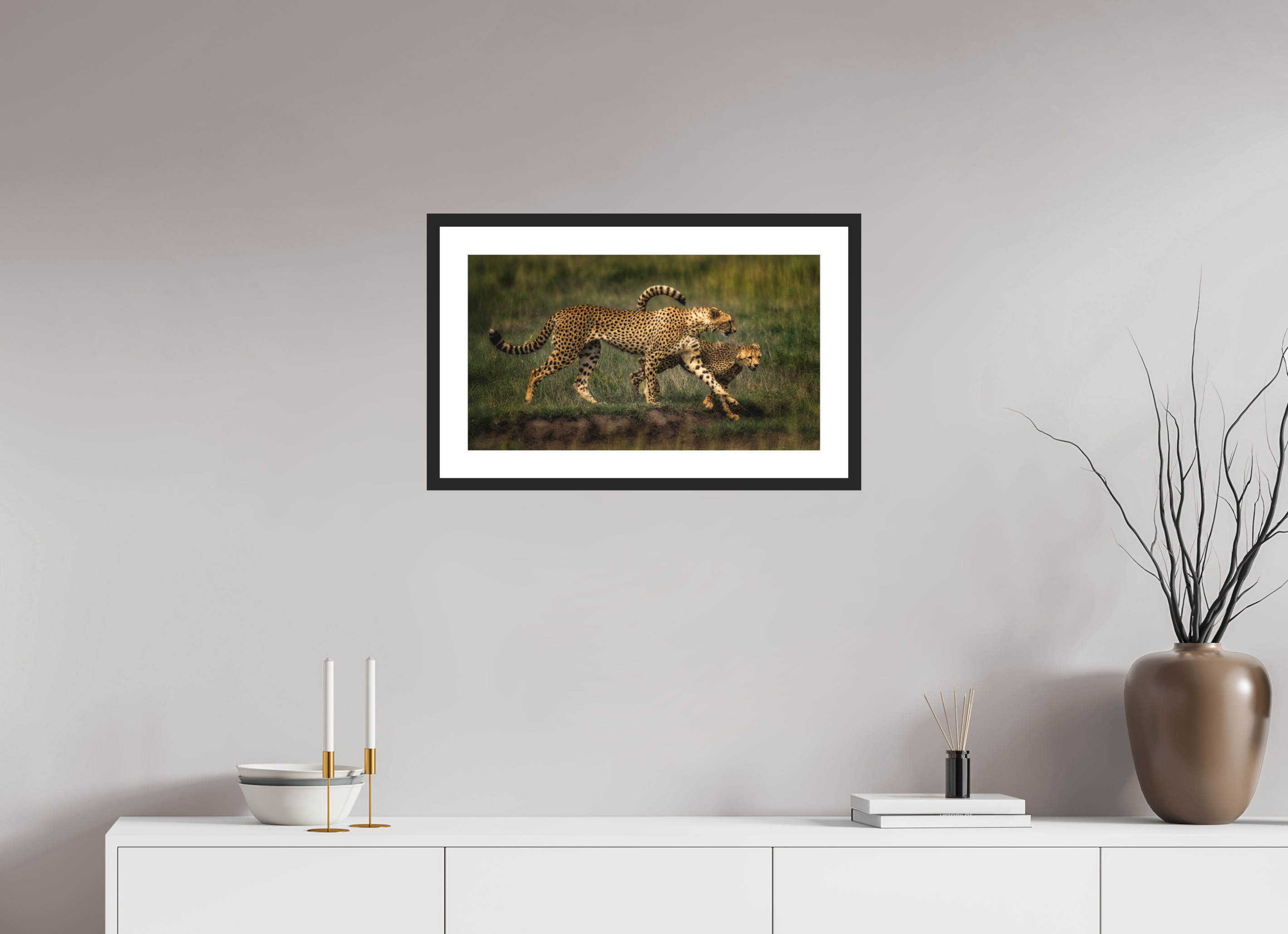 24 x 13.5″, Passe-Partout Black Frame Mother & Son on the Serengeti