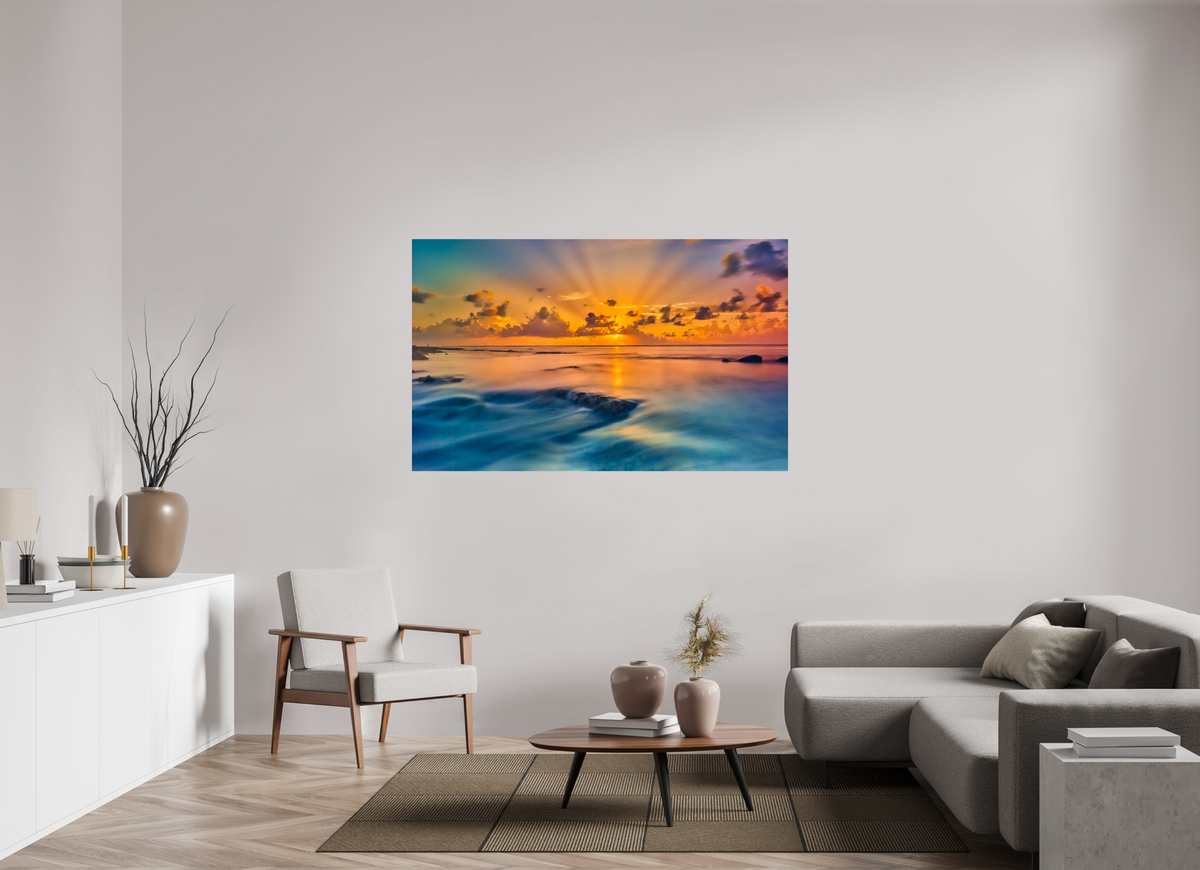 64.8 x 40″, Giclée Alu-Dibond Diluvian: Bora Bora Reefside Sunrise