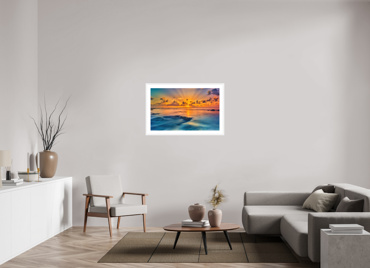 38.9 x 24″, Passe-Partout White Frame Diluvian: Bora Bora Reefside Sunrise