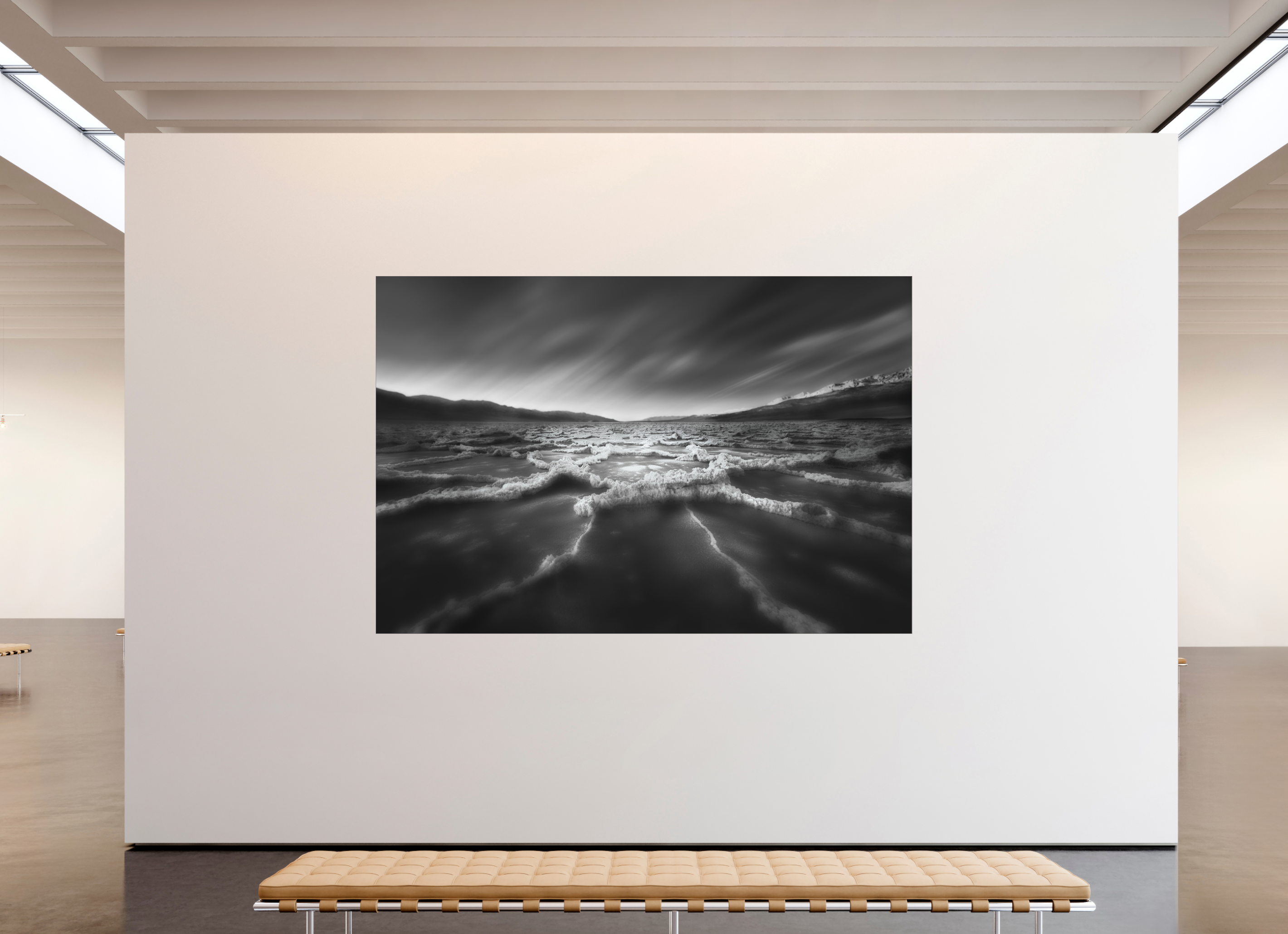 105 x 70″, Bonded Acrylic Black Frame Death Valley's Badwater Basin in Monochrome