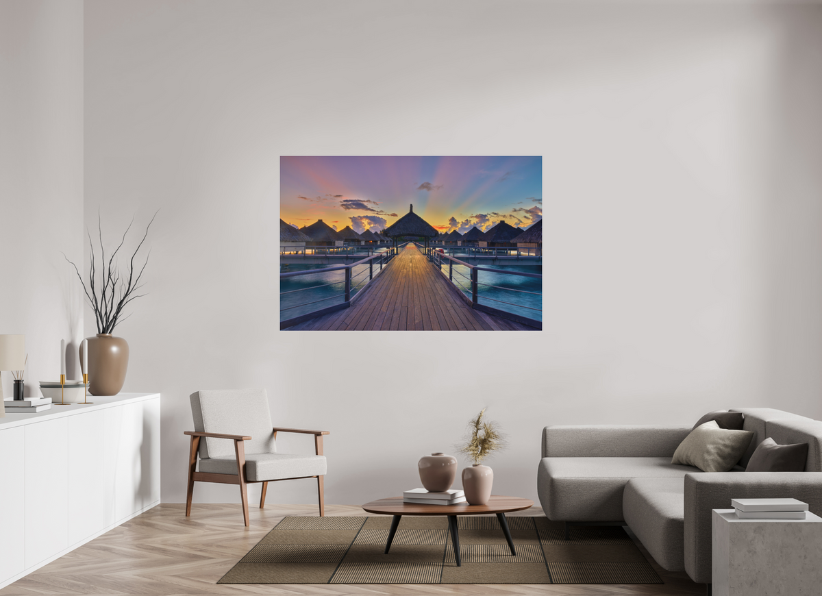66 x 44″, Bonded Acrylic Silver Frame Sunrise Over Bora Bora Overwater Bungalows