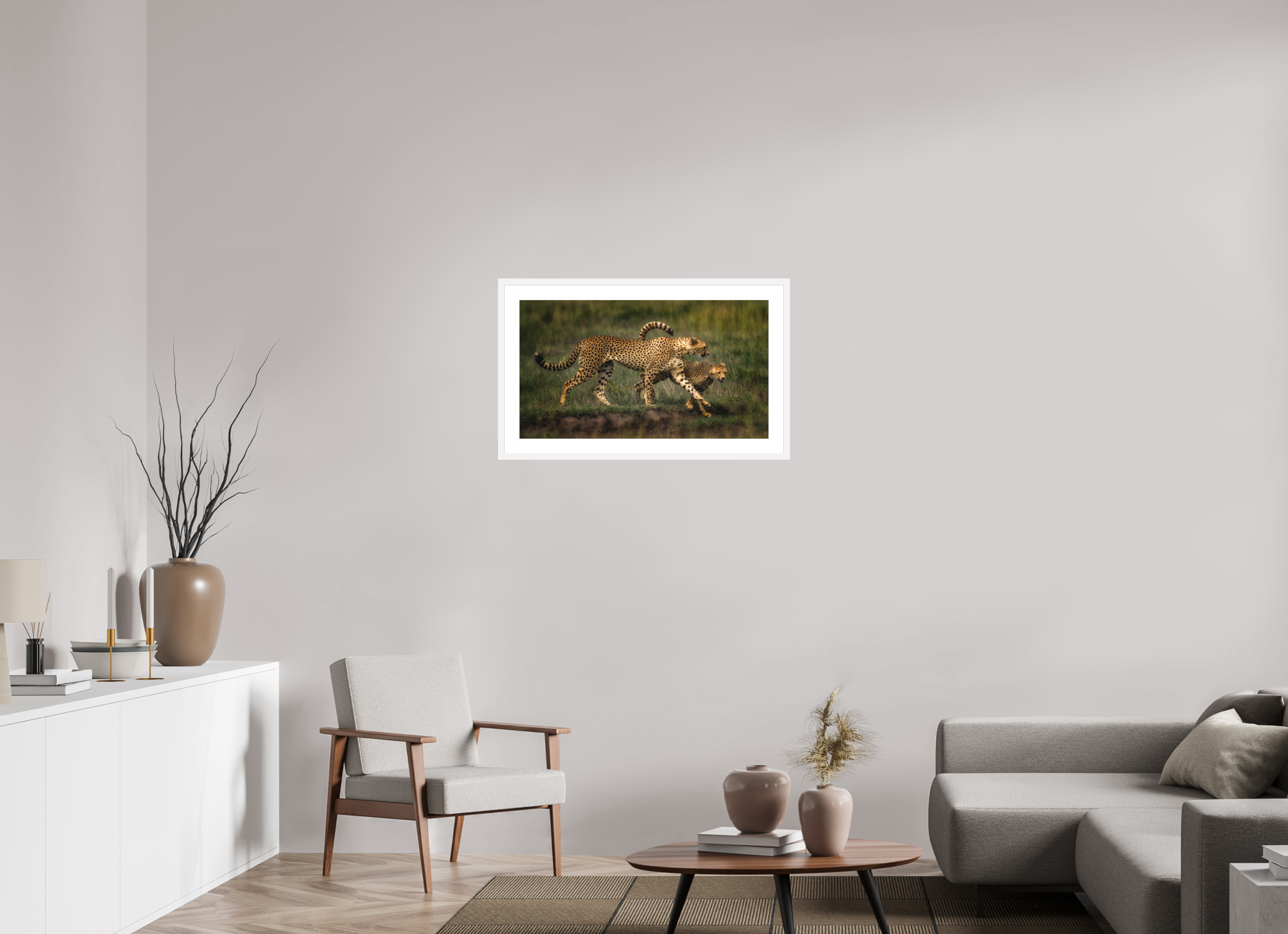 32 x 18″, Passe-Partout White Frame Mother & Son on the Serengeti