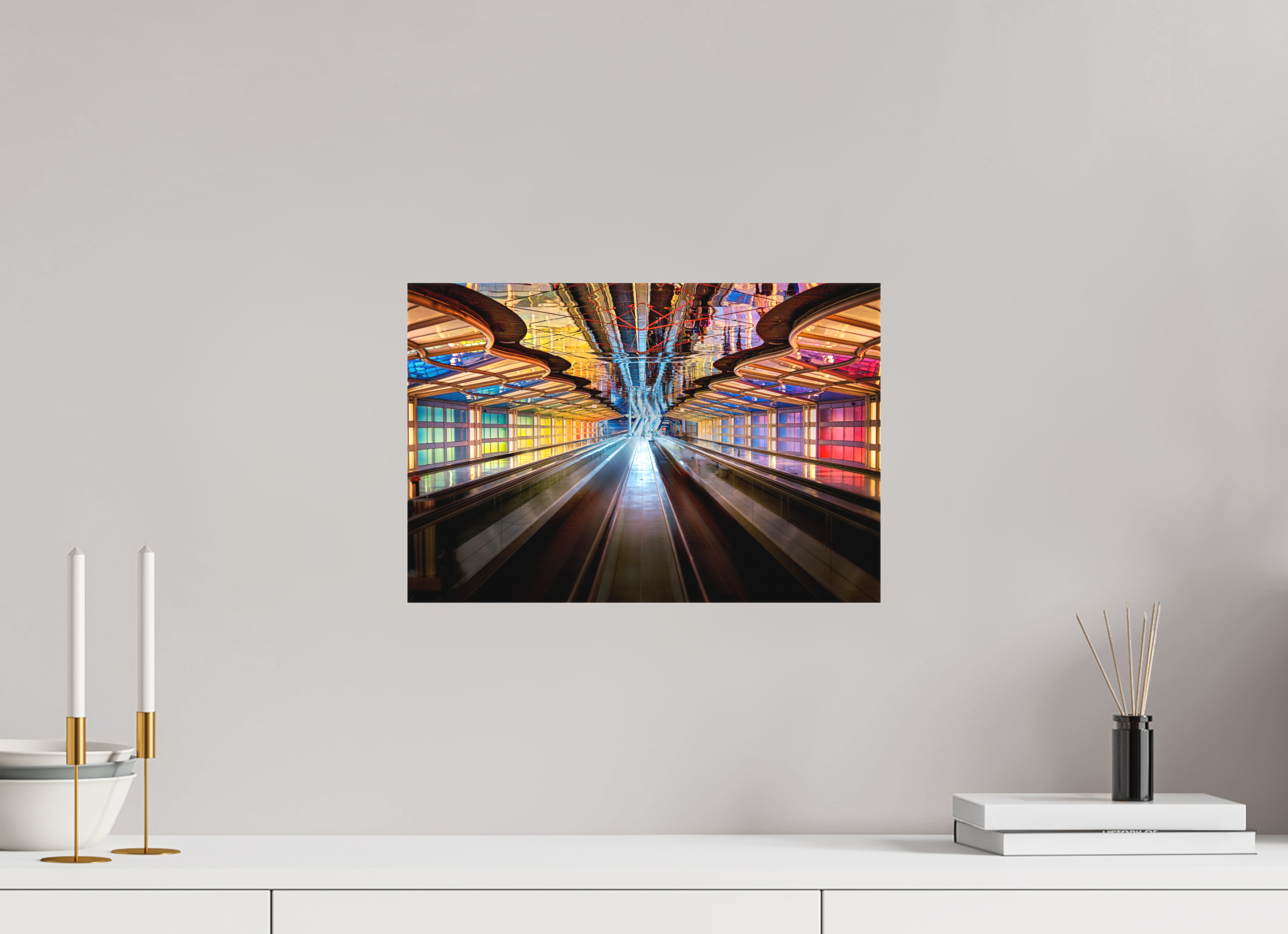 15 x 10″, Fine Art Textile Chicago O'Hare Airport's Neon Walkway