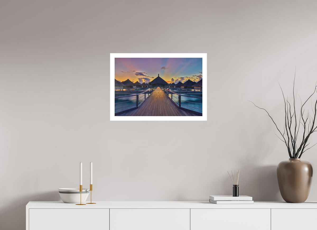 24 x 16″, Bonded Acrylic Mat + White Frame Sunrise Over Bora Bora Overwater Bungalows
