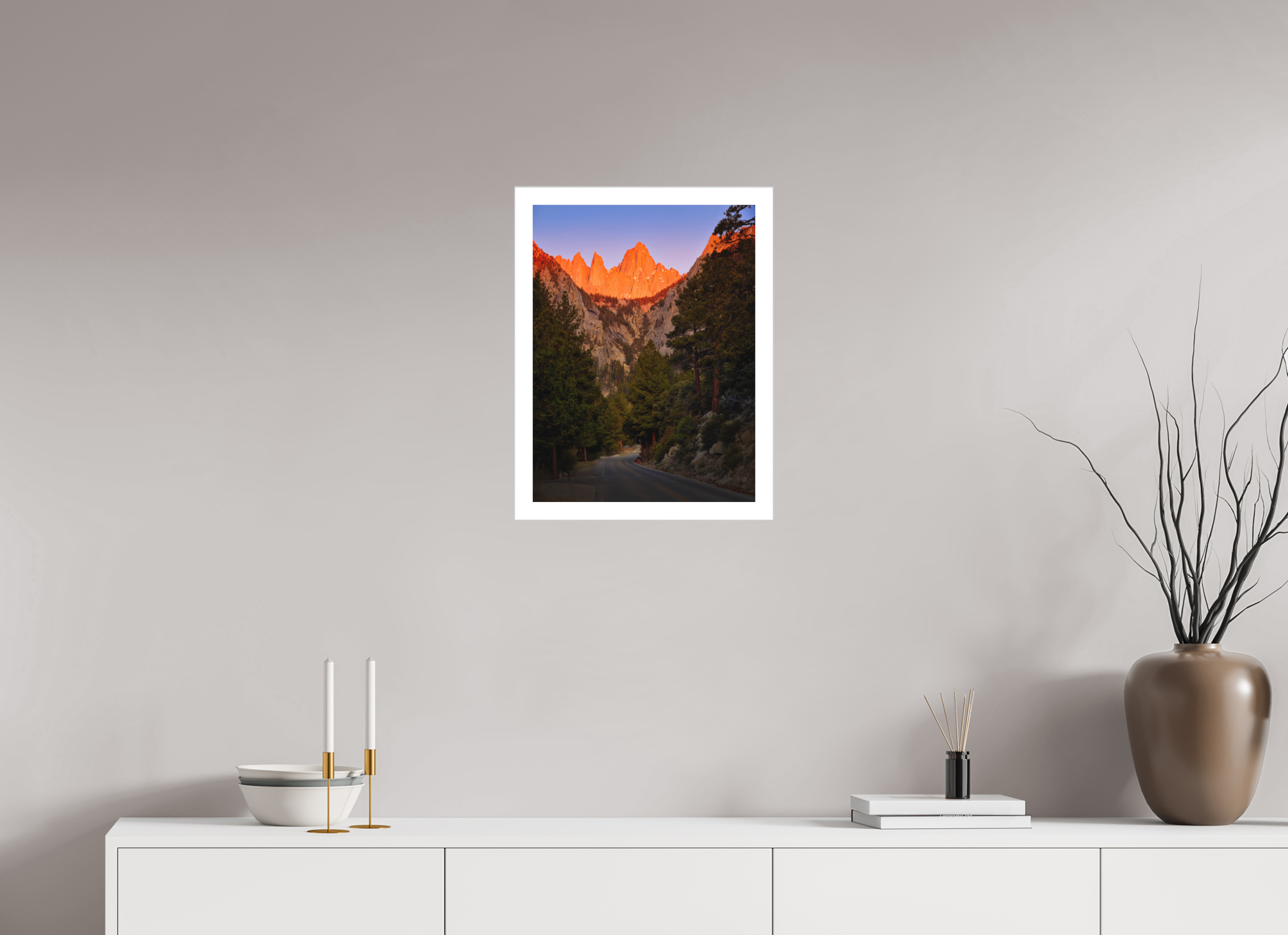 15 x 20″, Fine Art Bonded Acrylic Alpenglow on Mt. Whitney & Portal Road